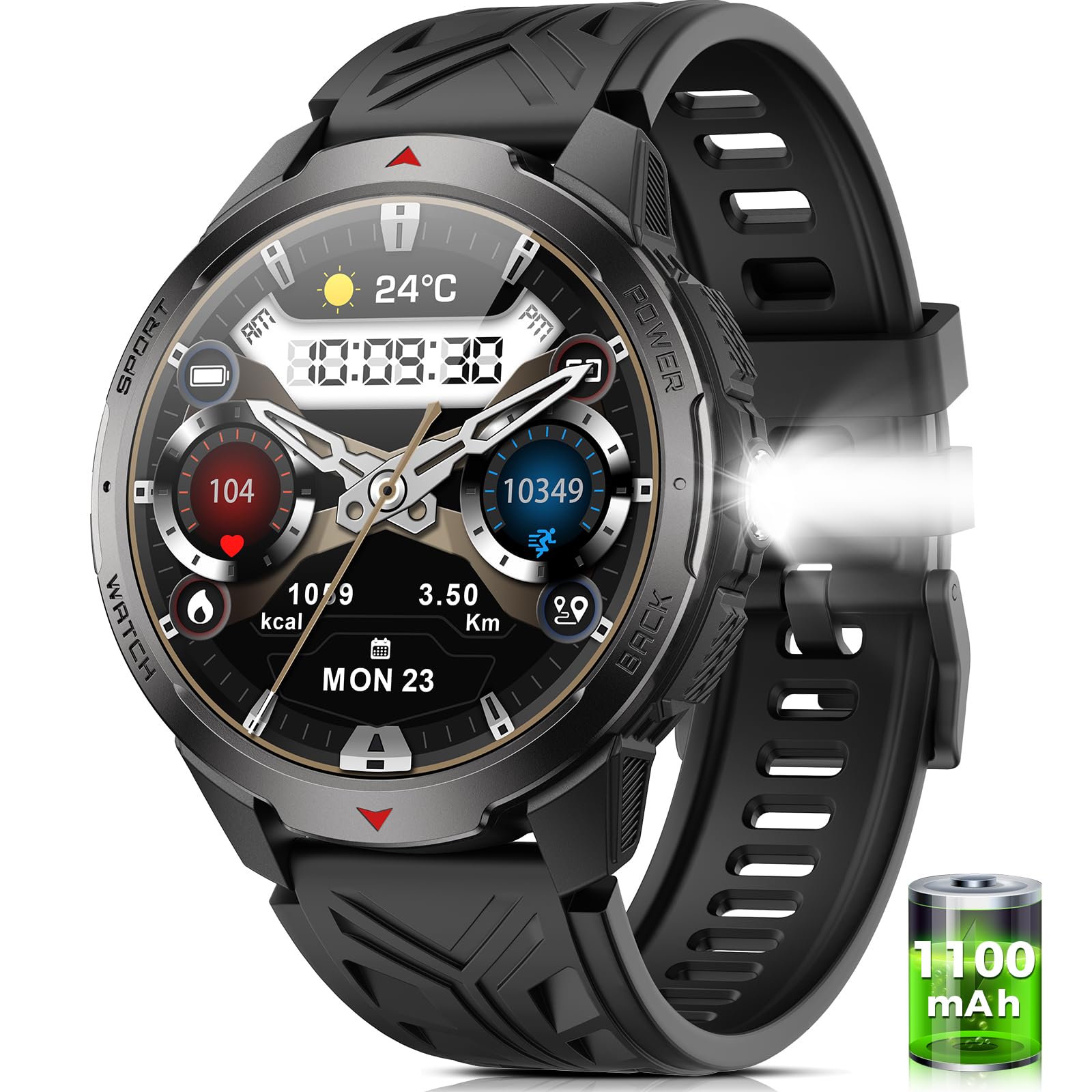 Smartwatch Militare MEETOWN Uomo – 1100mAh, Chiamate Bluetooth, Torcia LED, Bussola, IP68, 2 Cinturini