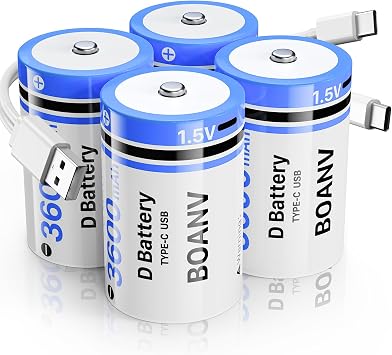 D Batteries Rechargeable 3600 mAh 1.5 V Rechargeable D Battery USB Type C Charging Cable LR20 Replacement Battery for Torch Camera Floodlight Toy (Pack of 4)