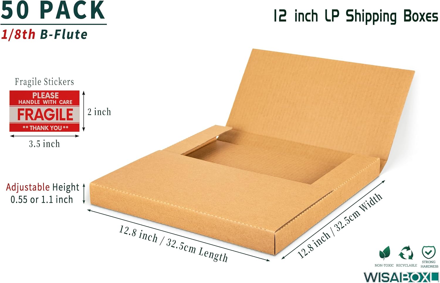 Kraft Vinyl Record Shipping Boxes, 12.8x12.8x1 inch, Easy-Fold, Multi-Depth LP Mailers with Fragile Stickers, 50 Pack