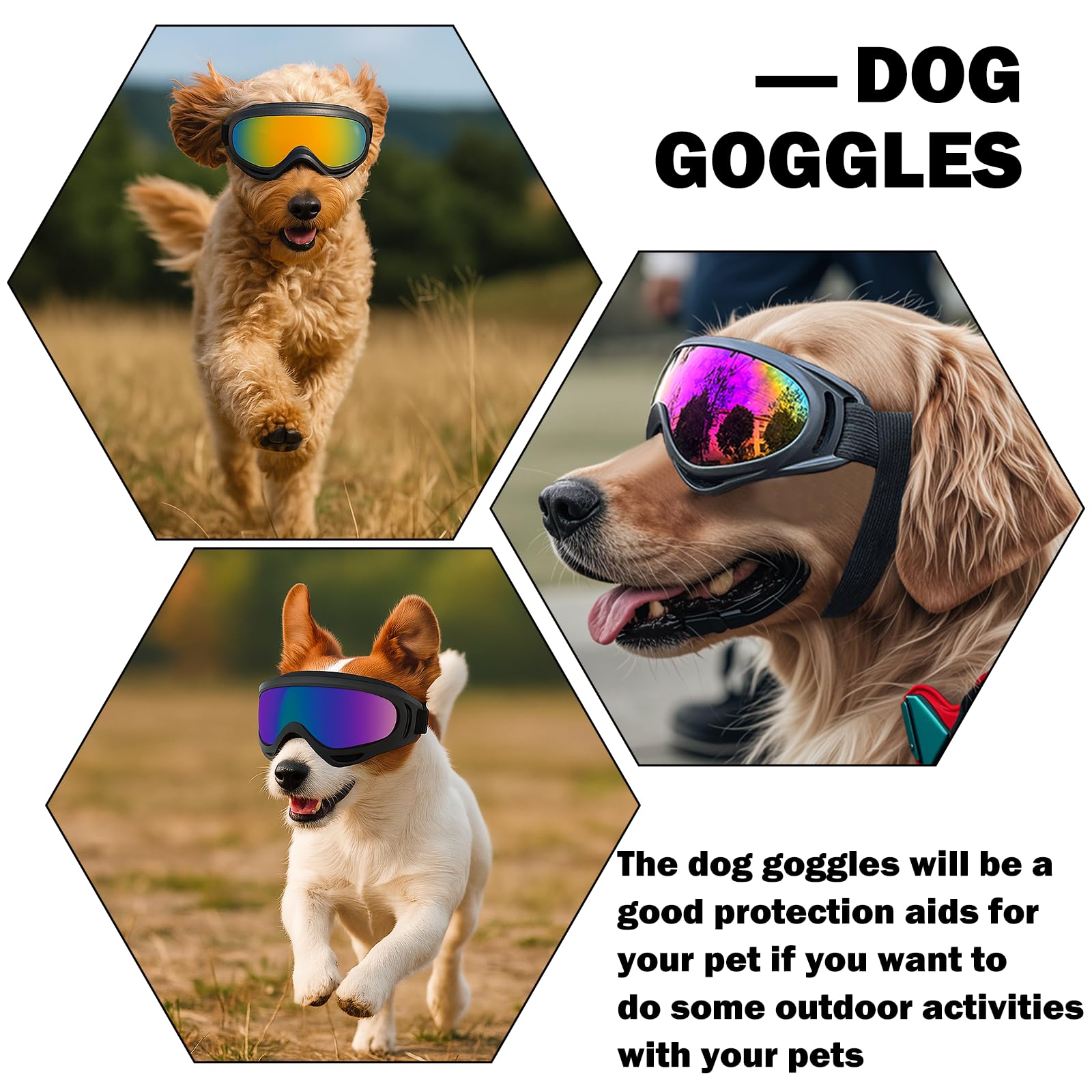 2 Regolabili Occhiali da Sole per Cani Adatti Occhiali per Cani Antivento e Protezione UV per Cani di Taglia Media e Grande, Neve, Avventure All'aperto, Auto e Altre Attività All'aperto