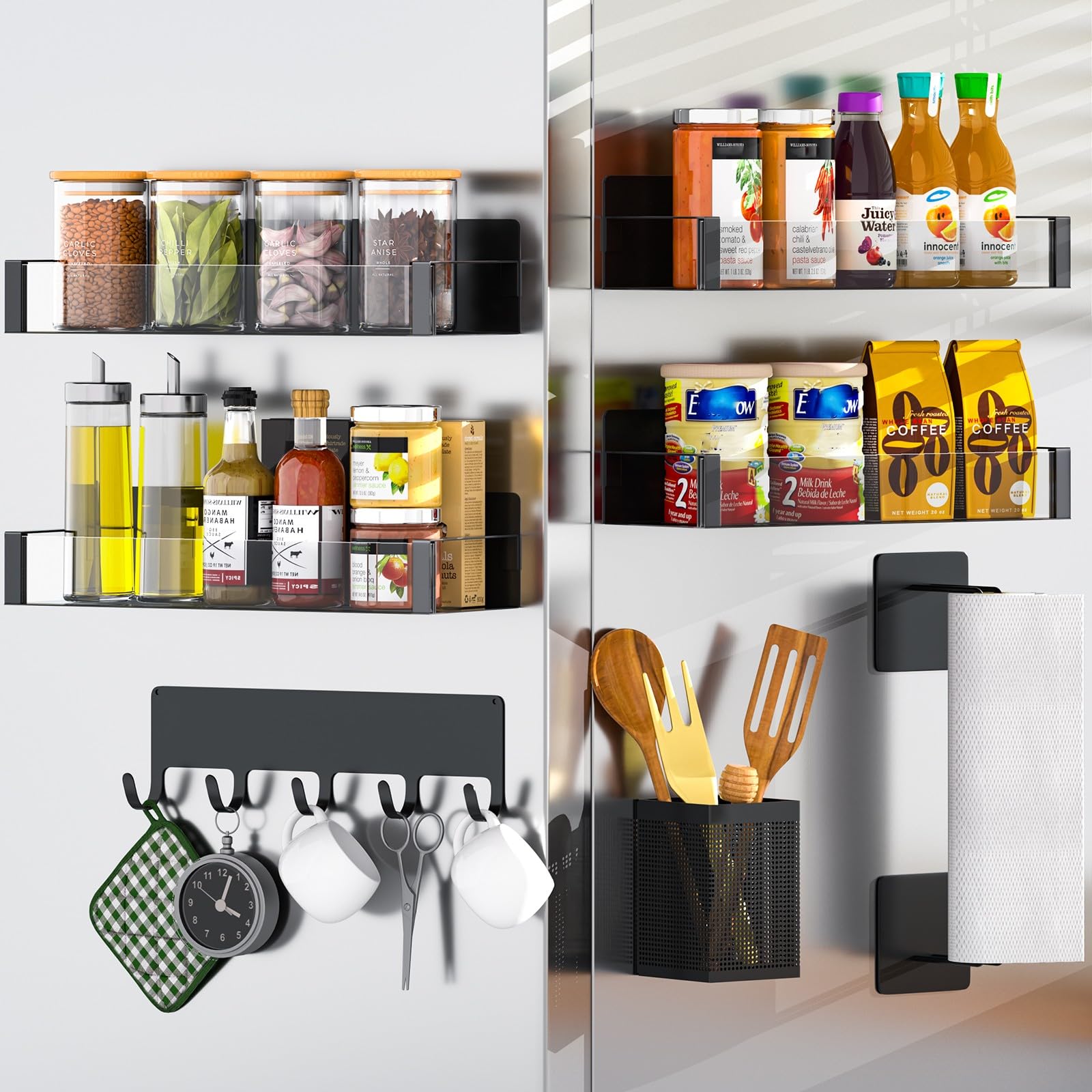 DTUQYX Magnetic Spice Rack for Refrigerator Clear, 8 Pack, Metal Magnetic Shelves Heavy Duty for Kitchen Fridge Storage Organizer with Magnet Hooks Rack, Utensil Caddy &amp; Adjustable Paper Towel Holder