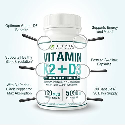 Miniatura 5 de Vitamina K2 + D3 de absorción máxima (5000UI), 90 cápsulas vegetales de MK-7 (Menaquinona-7) y colecalciferol (con BioPerina) Suministro de 3 meses