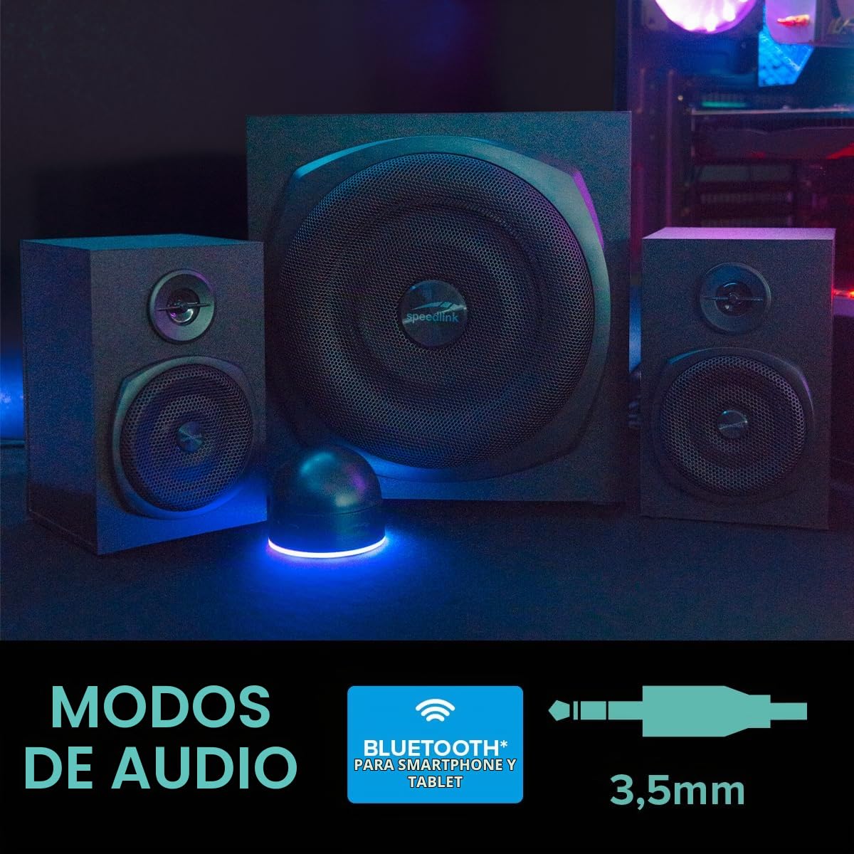 Speedlink Gravity LT Altavoz para PC Sistema de Sonido 2.1 Bluetooth - con subwoofer de Madera, Sistema de Altavoces Activos de 80 vatios, Conector AUX de 3,5 mm, Mando a Distancia RGB, Negro