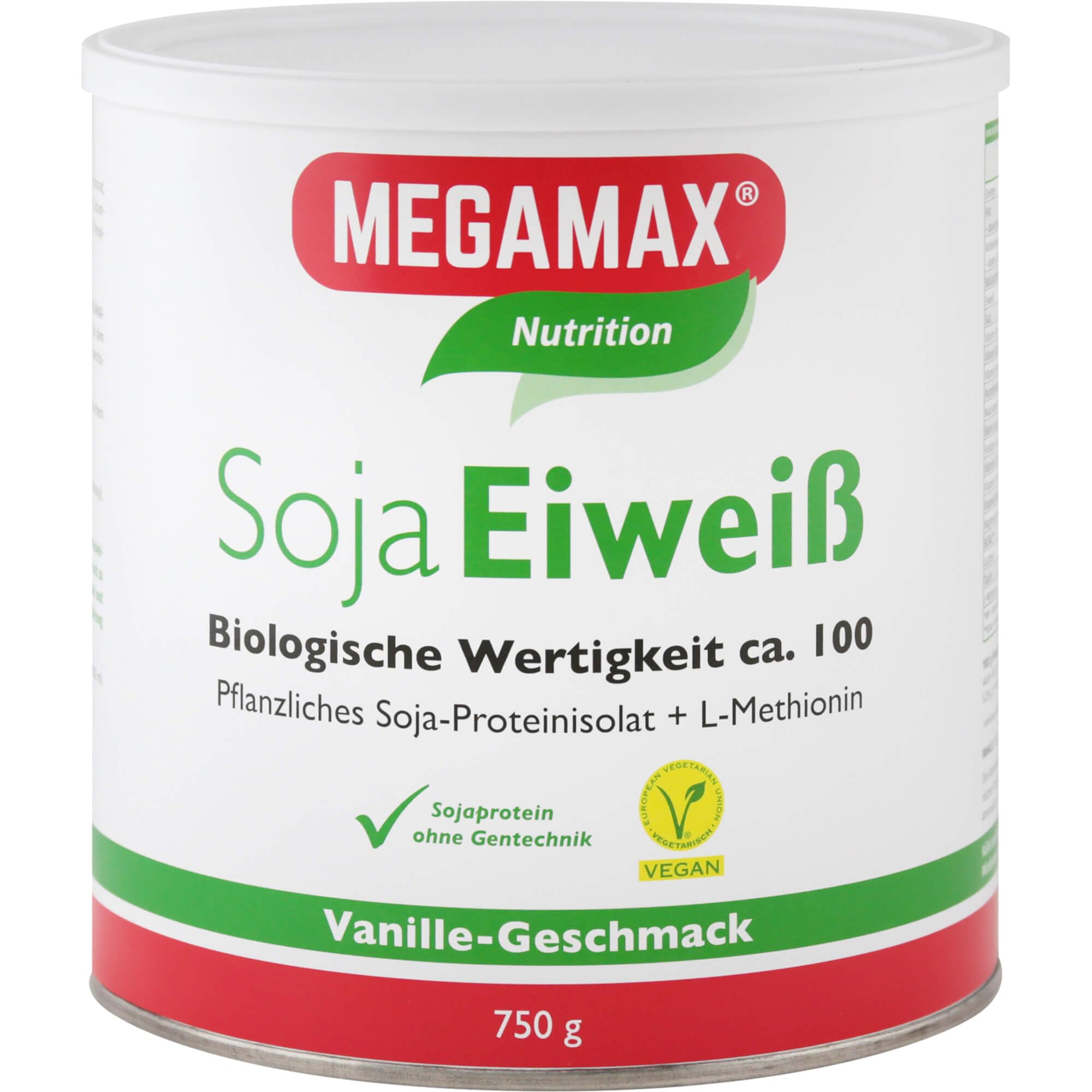 MEGAMAX Soja Eiweiß Vanille 750 g + Taurin + L-Methionin Glutenfrei - Sojaeiweiß-Isolat Low Carb - pflanzliches Eiweiss, Laktosefrei, Aspartamfrei - Veganes Protein für Muskelaufbau u. Muskelerhalt