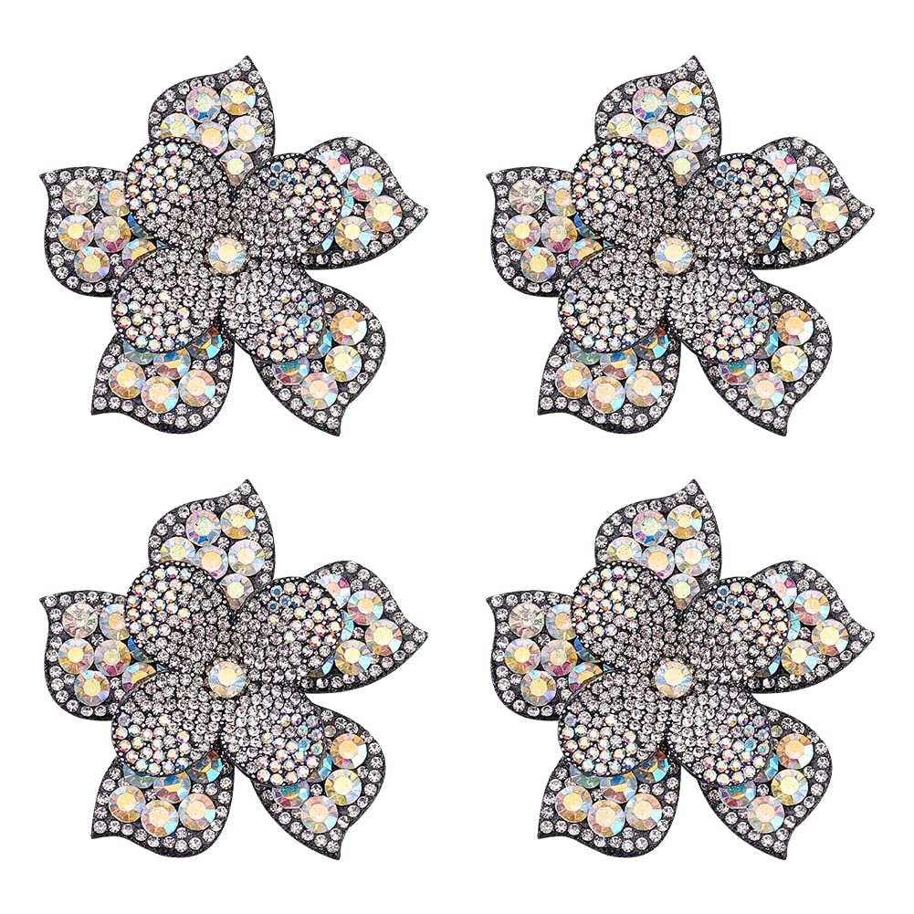 FINGERINSPIRE 4 pcs Flower Crystal Rhinestone Appliques 2.6x2.6x0.4inch Sew on Patches AB Color Rhinestone Appliques for Sewing Shining Exquisite Patches for Jeans, Jackets, Clothing, Bag Shoes