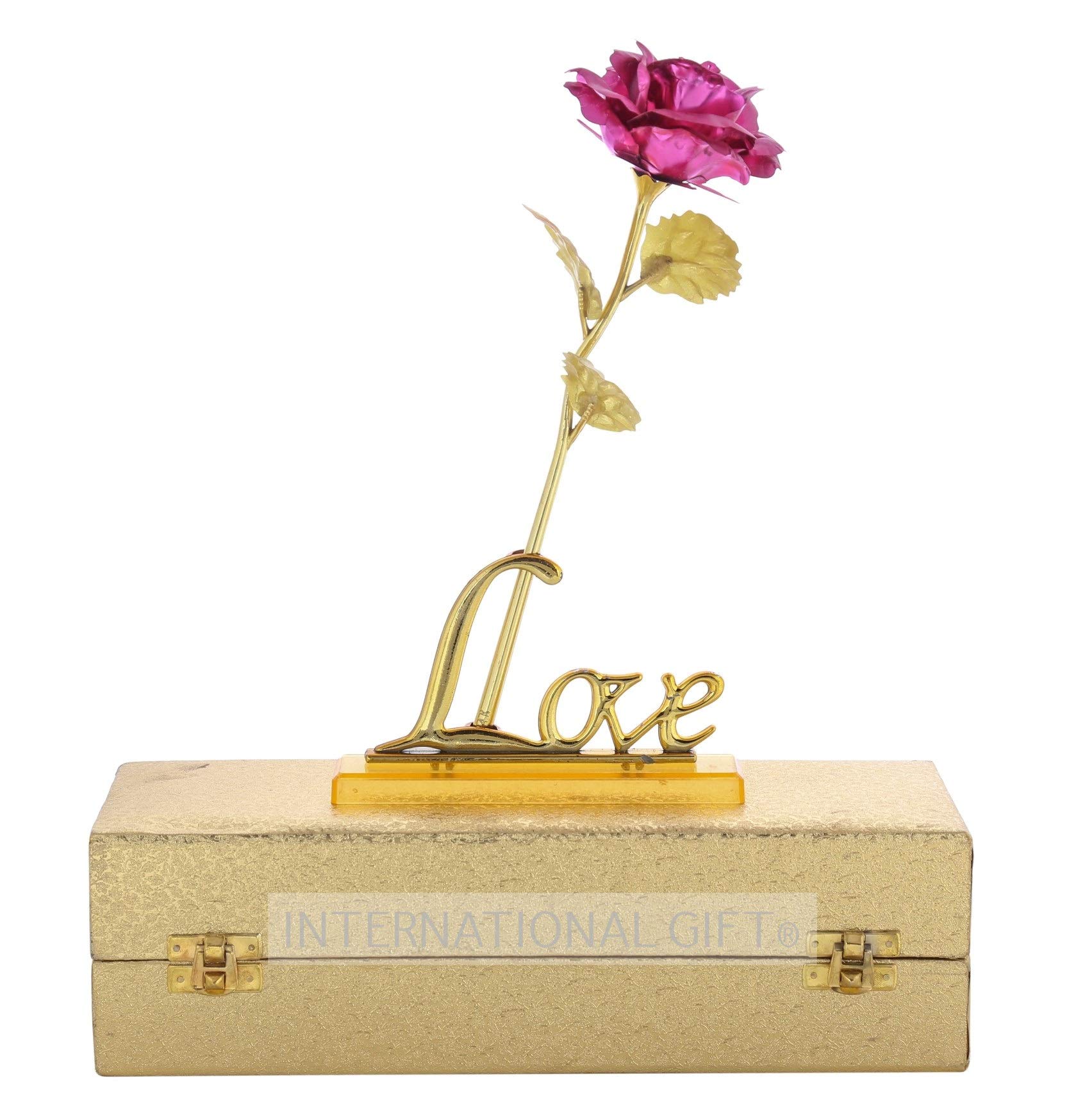 INTERNATIONAL GIFT® Pink Rose Flower with Golden Leaf with Love Shape Stand and Luxury Golden Gift Box-image-28