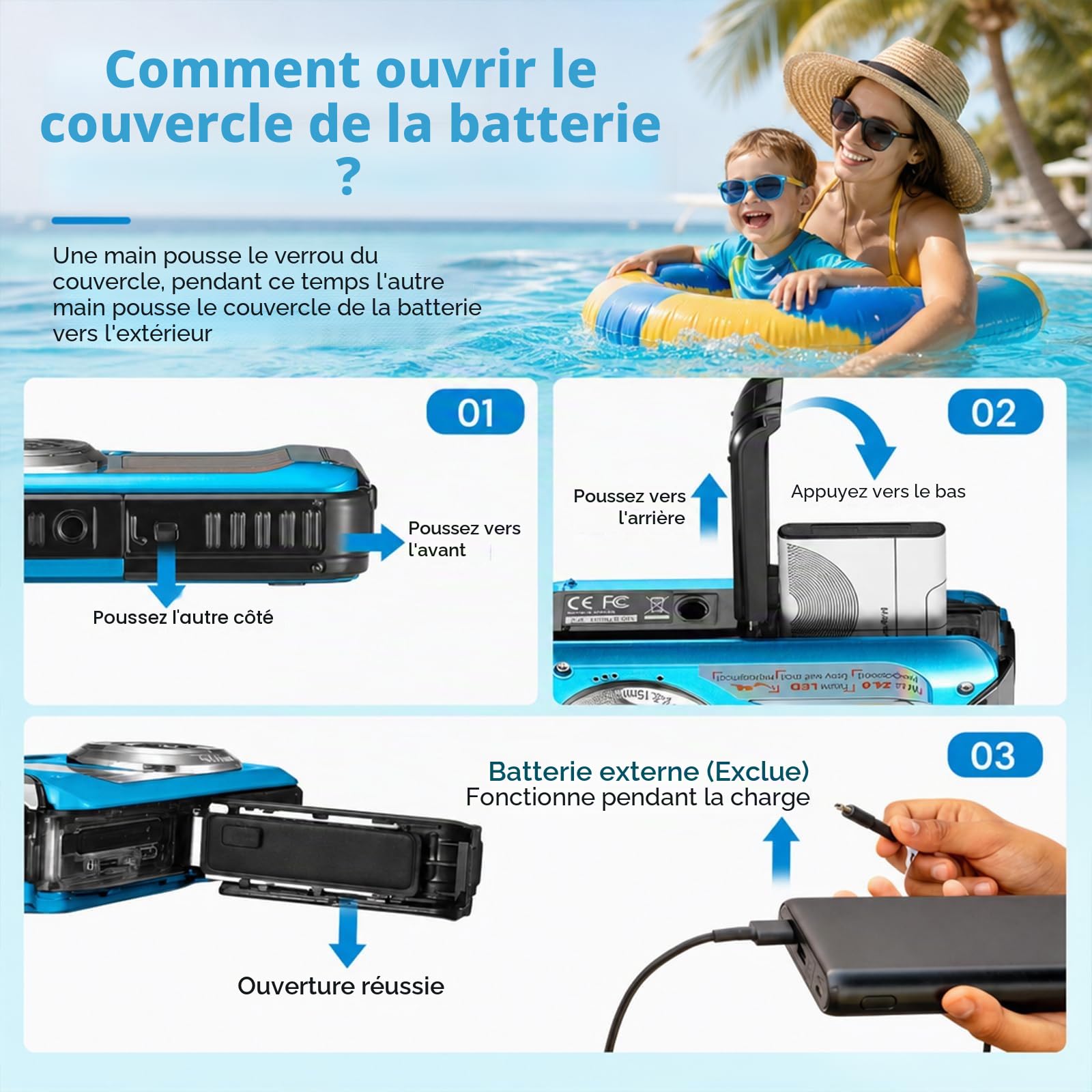 Appareil Photo Numérique Étanche, Caméra sous-Marine HD 2.7K 48MP avec Double Écran pour Snorkeling 3M pour Nager, Zoom Numérique 16X Anti-Secousse, Bleu