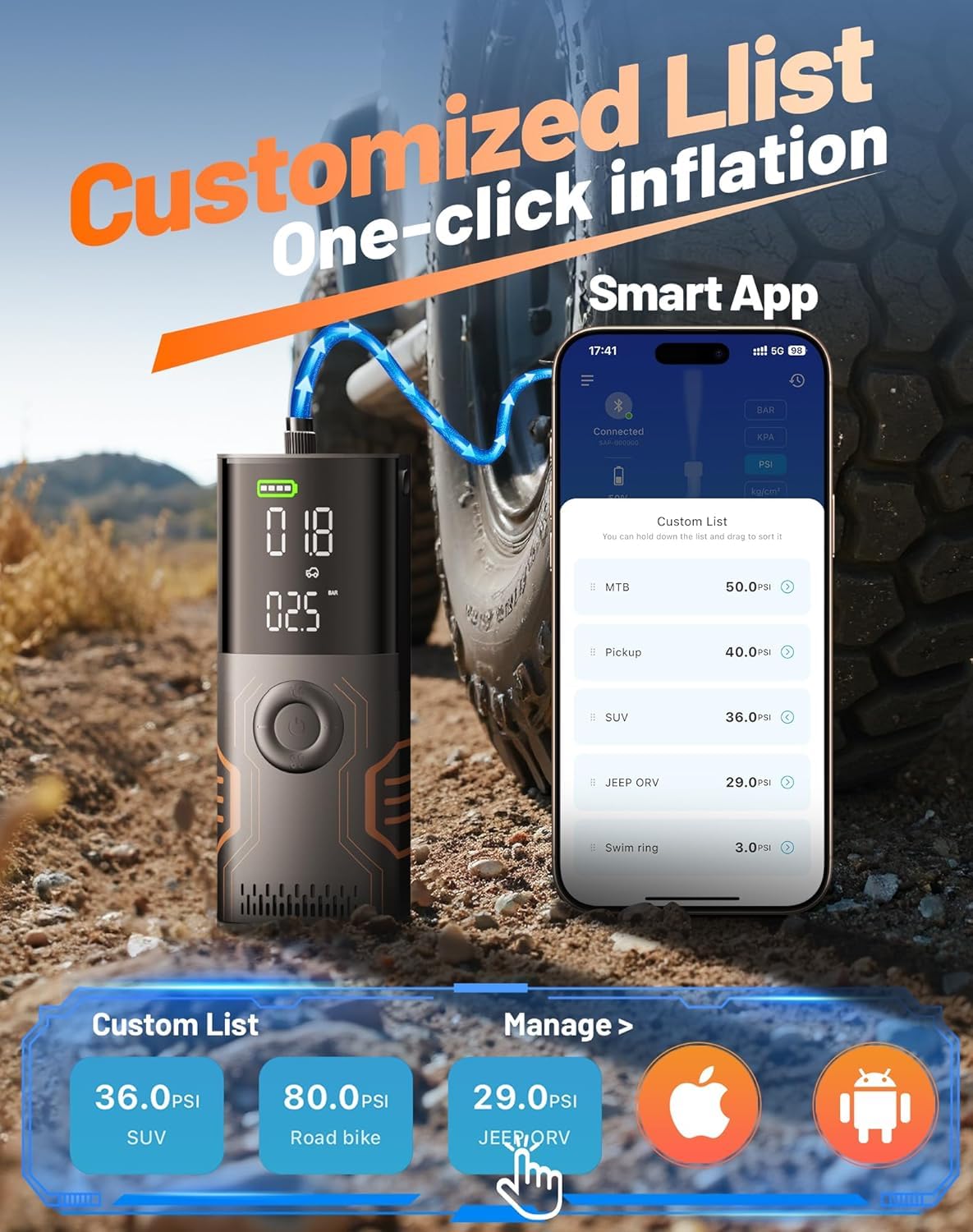 Tire Inflator Portable Air Compressor - Smart APP Air Pump for Car Tires, All-in-One Storage Portable Tire Pump for Car, 3X Speed & Automatic Stop Inflation, for Car, Motorcycle, Bicycle, Ball — view 3