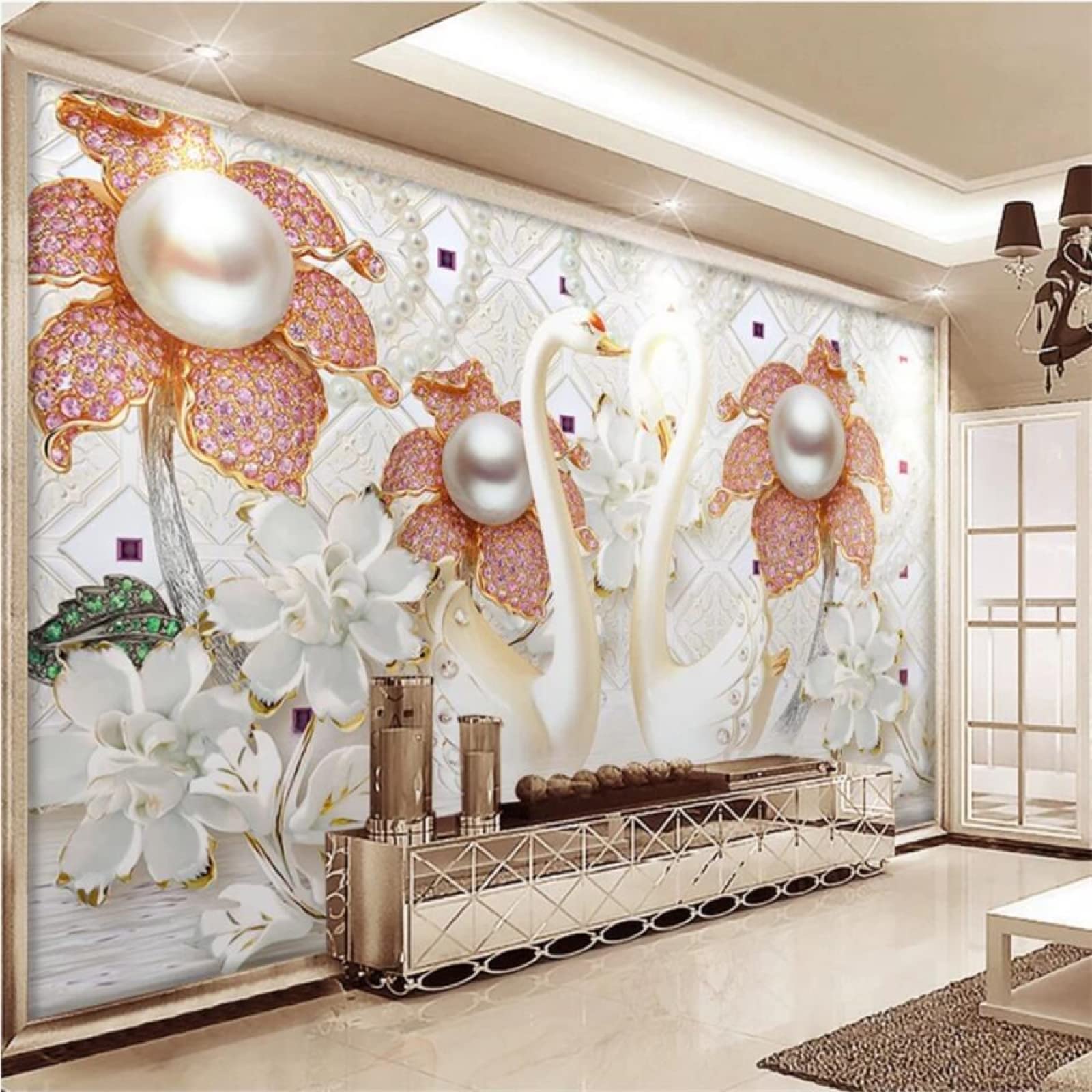 Amazon カスタマイズされた壁紙 3d ジュエリー ダイヤモンド ホワイト スワン 8d 立体的なリビング ルームの背景の壁紙 430cmx300cm 169 3x118 1 インチ 壁紙