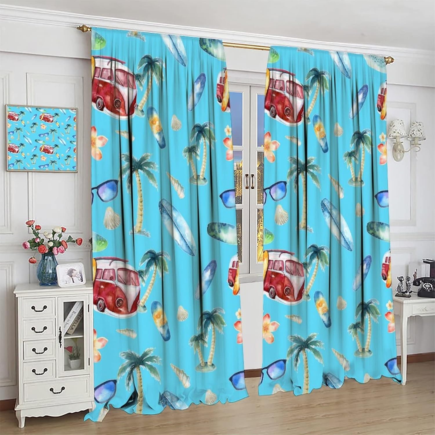 Retro Summer Ocean Beach Blackout Curtains,Watercolor Coconut Tree Surfboard Camper Theme Window Curtains Rod Pocket Thermal Insulated Room Darkening Blackout Curtains 2 Panels 63L x 27.5W