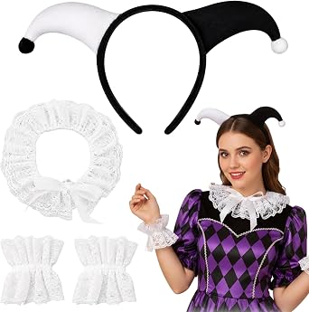 Jester Hat & Clown Collar Set, 4-Piece Black and White Jester Hat with Lace Ruff and Wrist Cuffs