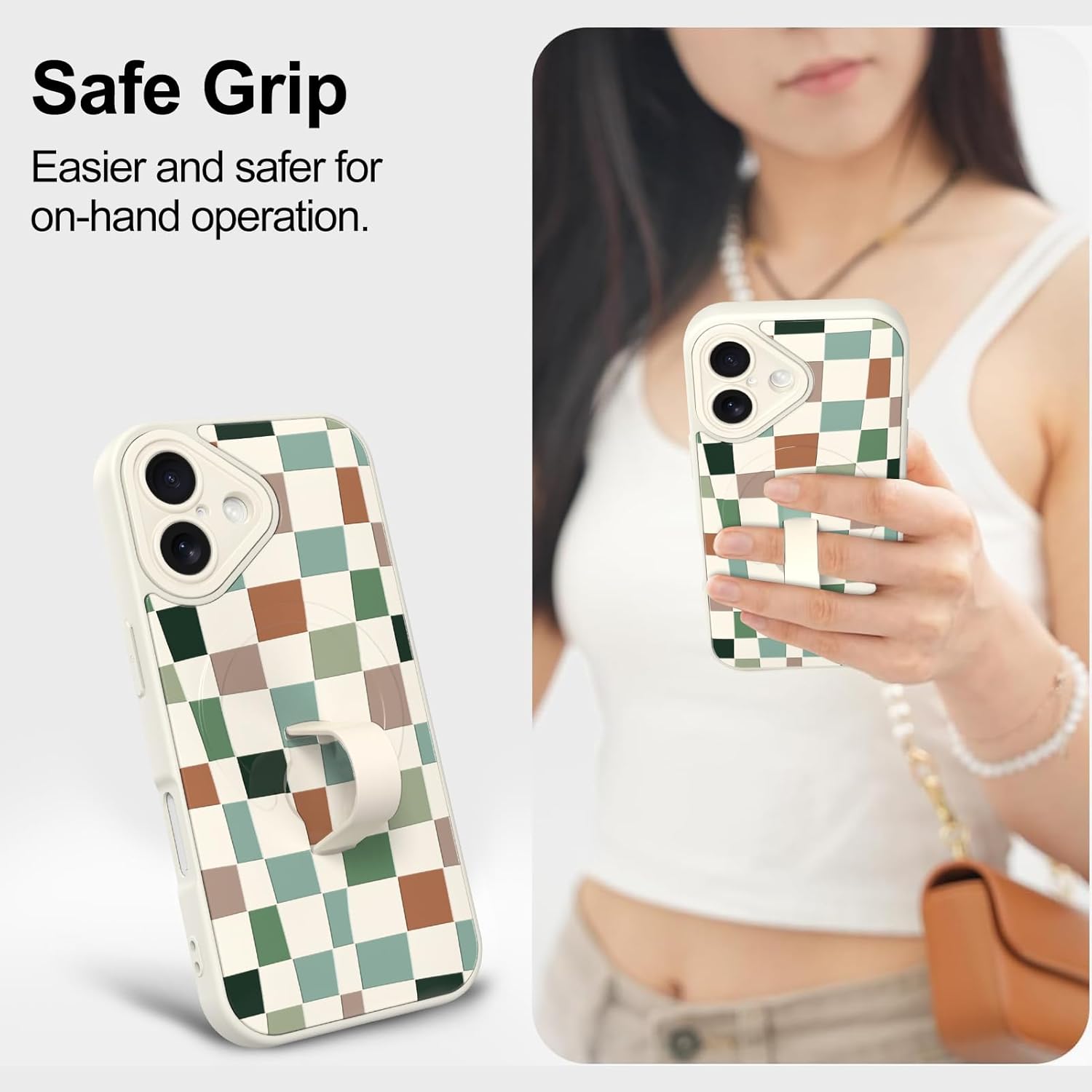 Magnetic for iPhone 17 Case with Finger Strap Stand, Compatible with Magsafe, Checkered Checkeredboard Phone Case for Women Men Slim Shockproof Cover for 17, Colorful Checkered