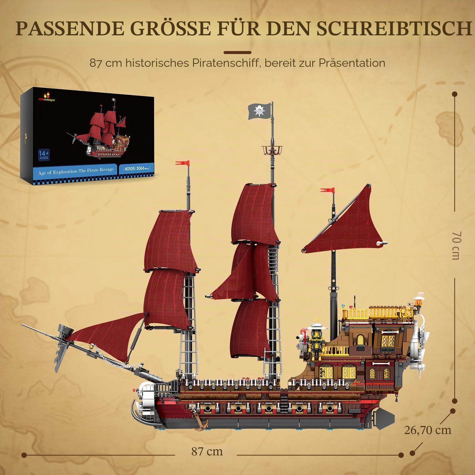 JMBricklayer Piraten Schiffe Klemmbausteine, Queen Anne's Revenge Piratenschiff Bauspielzeug Modell für Erwachsene, Büro Hause Sammler Dekorationsstück Bausteine, Geschenk Für Jugendliche 14+