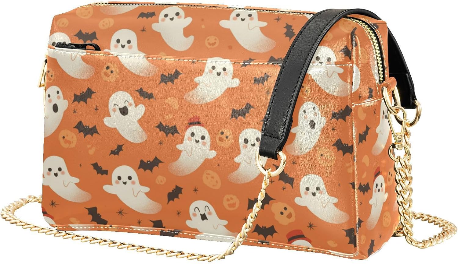 Halloween Women's PU Leather Shoulder Bag Ghost Fun Bat Vegan Crossbody Purse Chic Satchel Compact Handbag for Fall & Winter Outfit Daily Use, Holiday Present