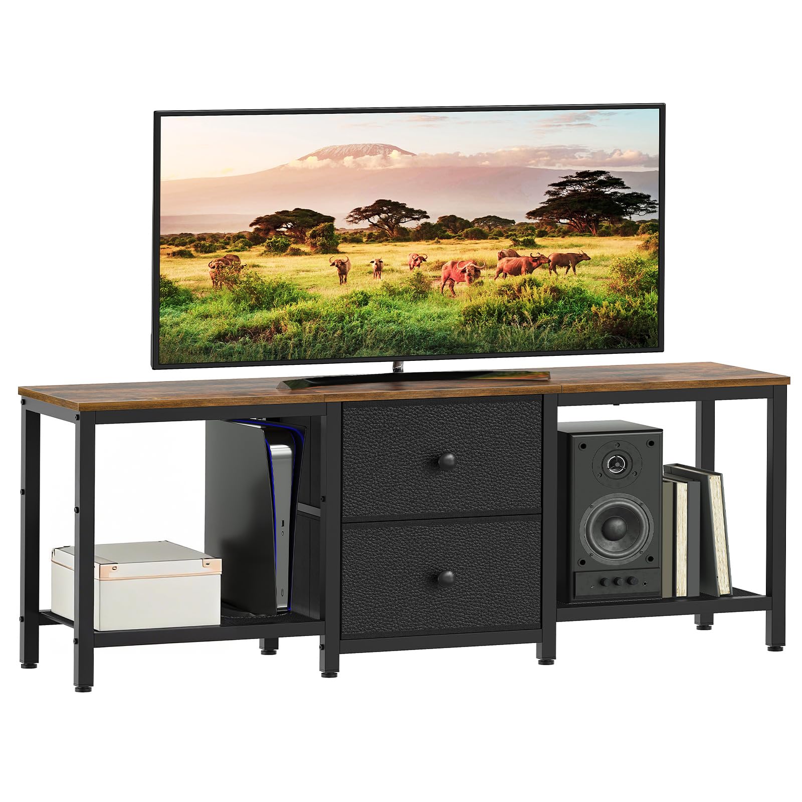 YATINEY Mueble para TV, Soporte para Televisor de hasta 55", Mueble Multimedia con Estantes y 2 Cajones, Marco de Metal, para Salón, Dormitorio, 120 x 30 x 50 cm, Marrón Rústico y Negro XDS02BR