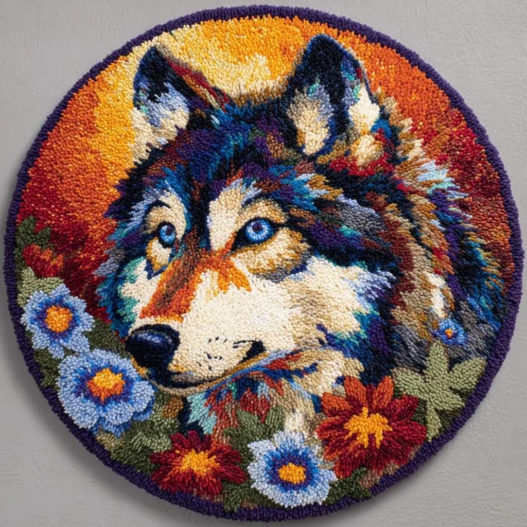 Round Latch Hook Rug Kits Wolf For Adults And Starter 50*50Cm