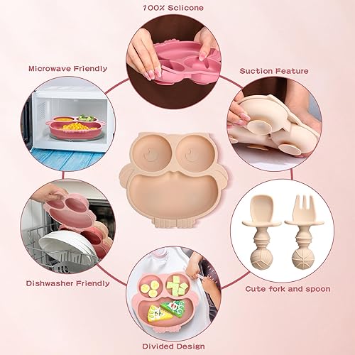 Miniatura 4 de 3 juegos de placas de succión para bebés con forma de búho de silicona con cuchara y tenedor, platos divididos aptos para microondas y lavavajillas,