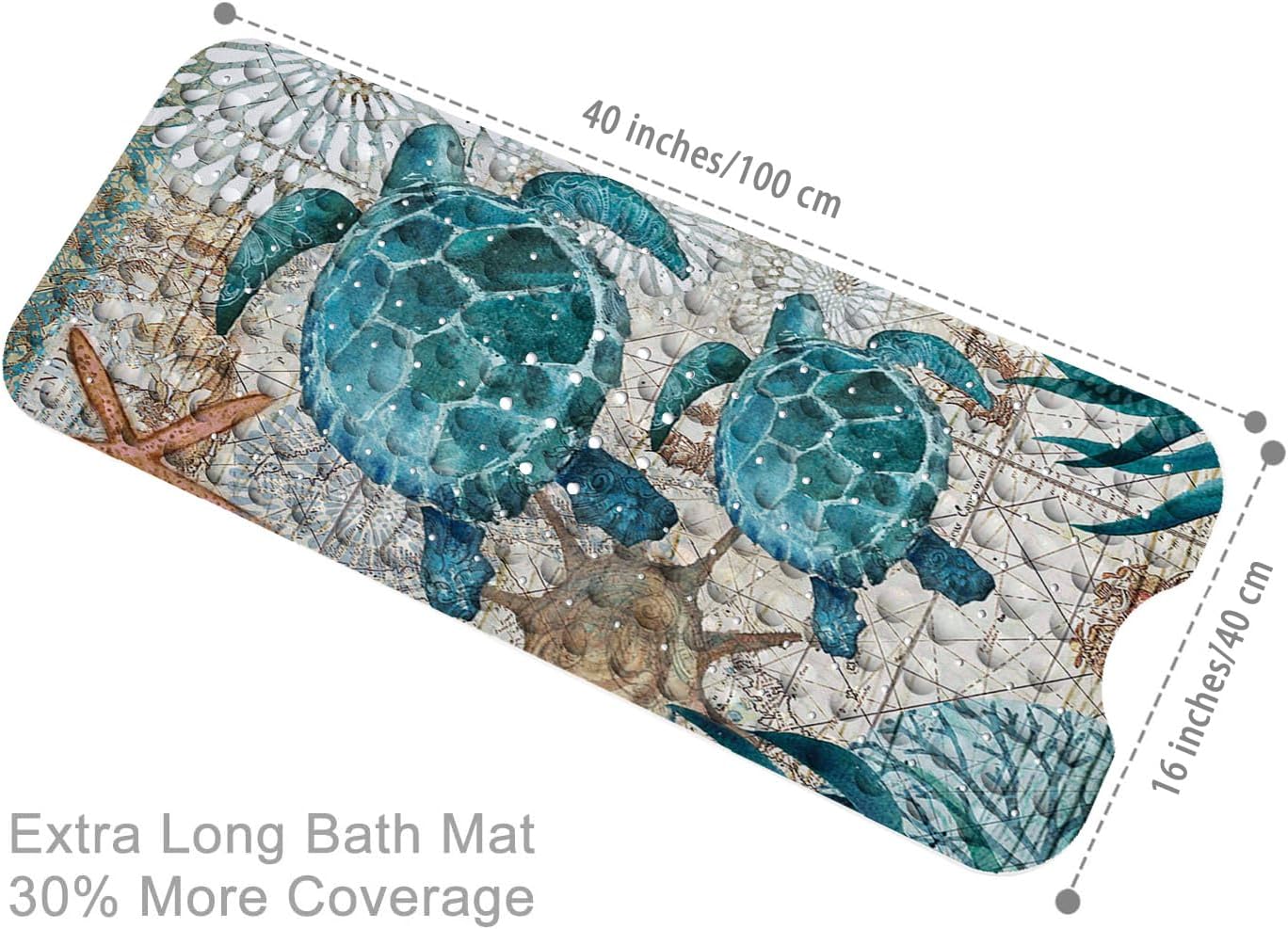 Blue Bathtub Mat Non Slip, 40x16 inch Bath and Shower Safety Mats, Vintage Sea Turtle Tub Mat for Bathroom, Tub Shower Mat with Drain Holes and Suction Cups - Image 3