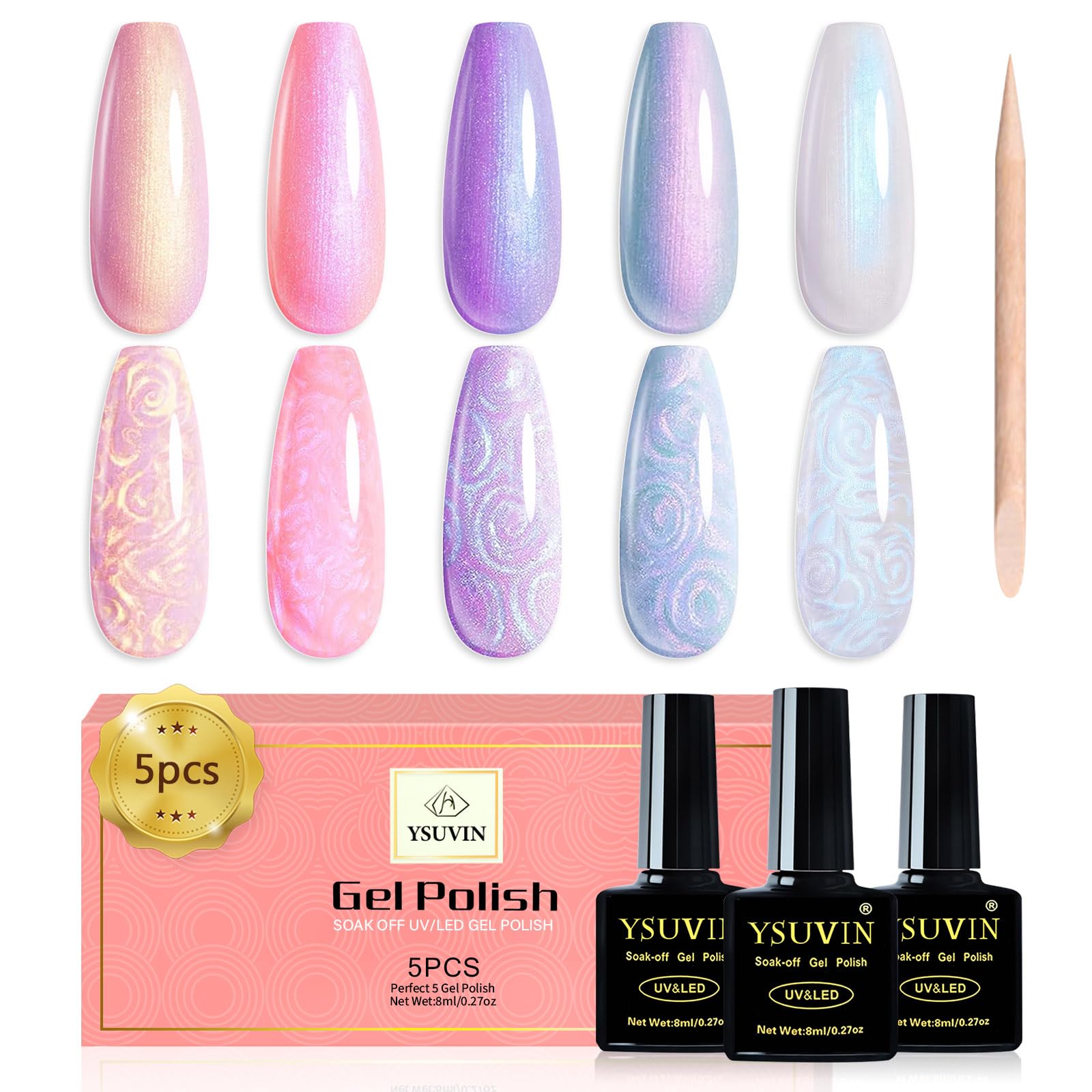 YSUVIN Esmalte de Uñas de Gel, 5 Colores Pintauñas Semipermanentes Perlas, Rosa Blanco Shell Esmaltes Semipermanentes Soak Off UV/LED Francesa Manicura, Blanco Perla y Efecto Espira