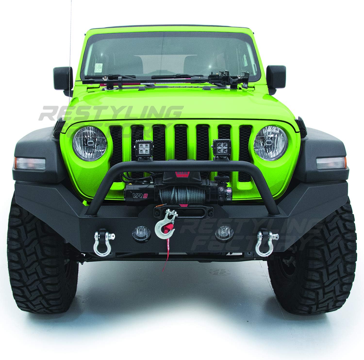 Black Textured Full Width Front Bumper With Fog Lights Hole & 2x D-Ring & Winch Plate for 18-19 Jeep Wrangler JL