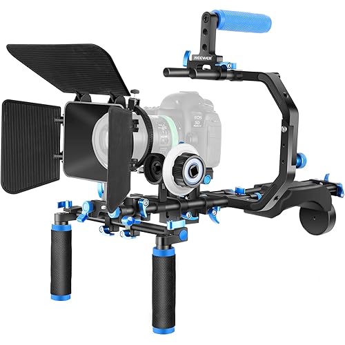 Neewer Shoulder Rig Kit for DSLR Cameras and Camcorders, Movie Video Film Making System with Matte Box, Follow Focus, C-Shaped Bracket, 15mm Rods, Handgrip, 1/4” & 3/8” Threads (Blue + Black)