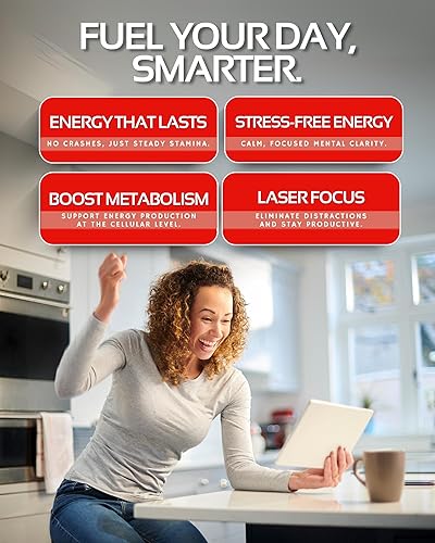 Miniatura 2 de Suplemento de energía y enfoque cafeína L-teanina, vitamina B12, Rhodiola + BioPerine para absorción, sin choques, pastillas de cafeína de 100 mg