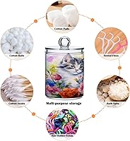 Vista 3 de Paquete de 4 dispensadores Qtip con tapas, contenedores de almacenamiento de plástico con flores de gatos y gatitos, organizador de botes de baño