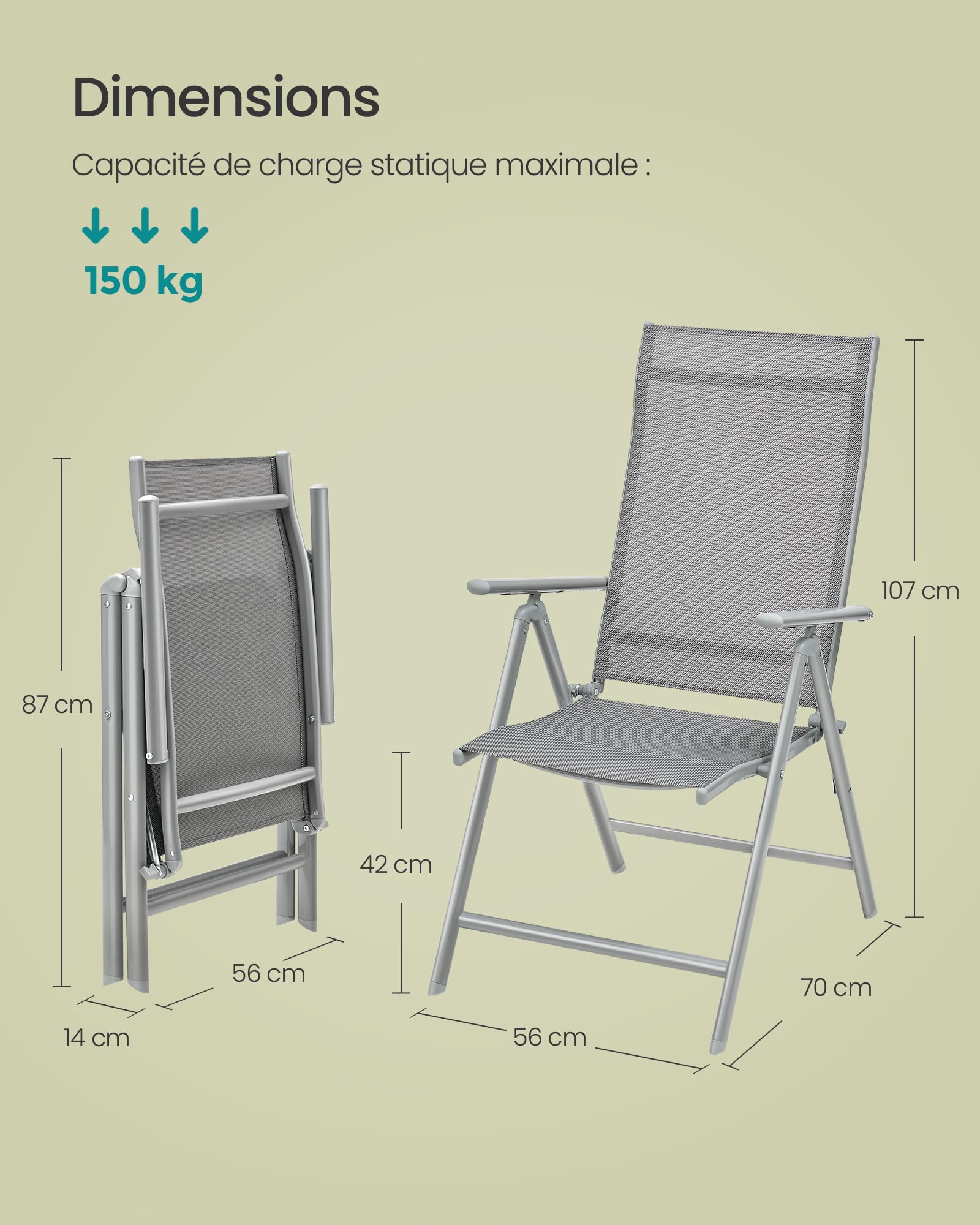 SONGMICS Chaise de Jardin Pliable, Siège d’Extérieur, Cadre en Métal, Dossier Réglable sur 8 Positions, Capacité de Charge 150 kg, Gris GCB02GY