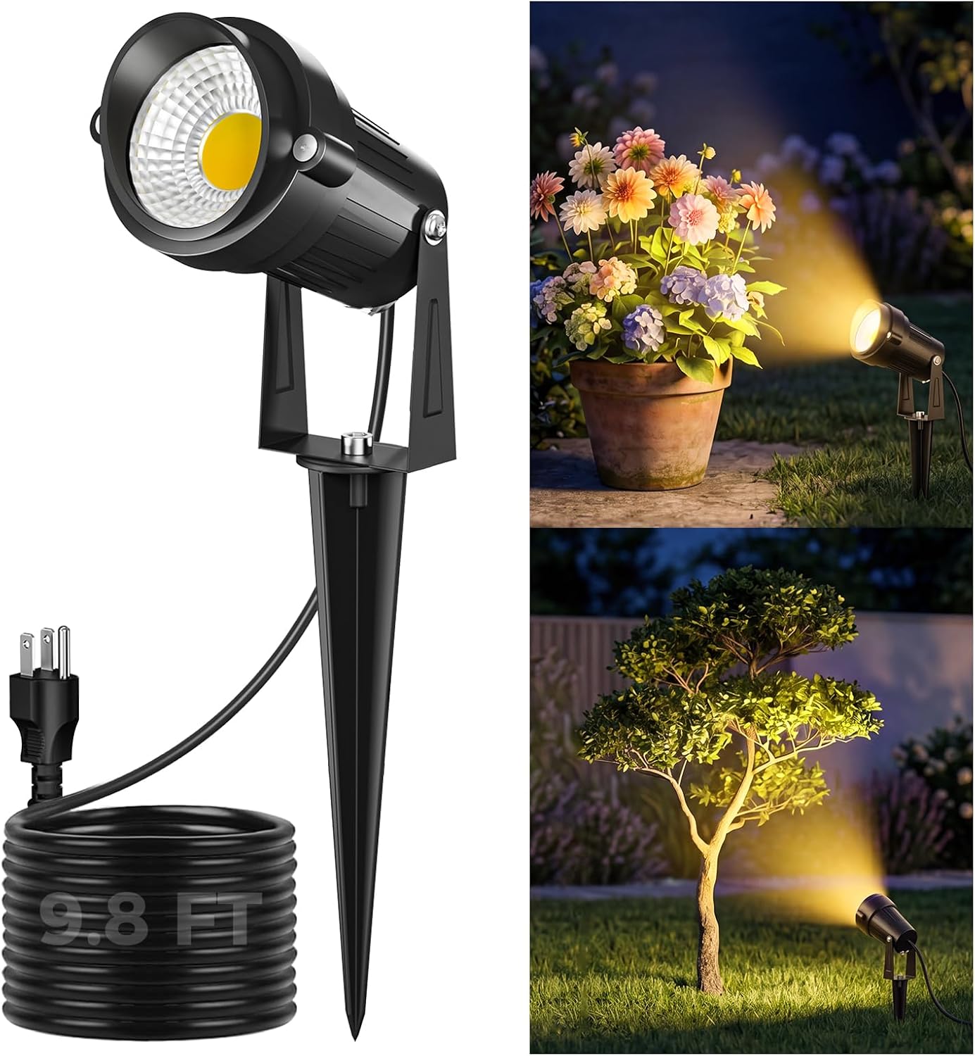 nipify 5W Outdoor Spot Lights, COB Landscape Spotlights with Spiked Stand | 2 Pack, 9.8 FT Cord, Warm White, Waterproof, Ultra Bright, Lighting for Flagpole Tree Yard Lawn Statue