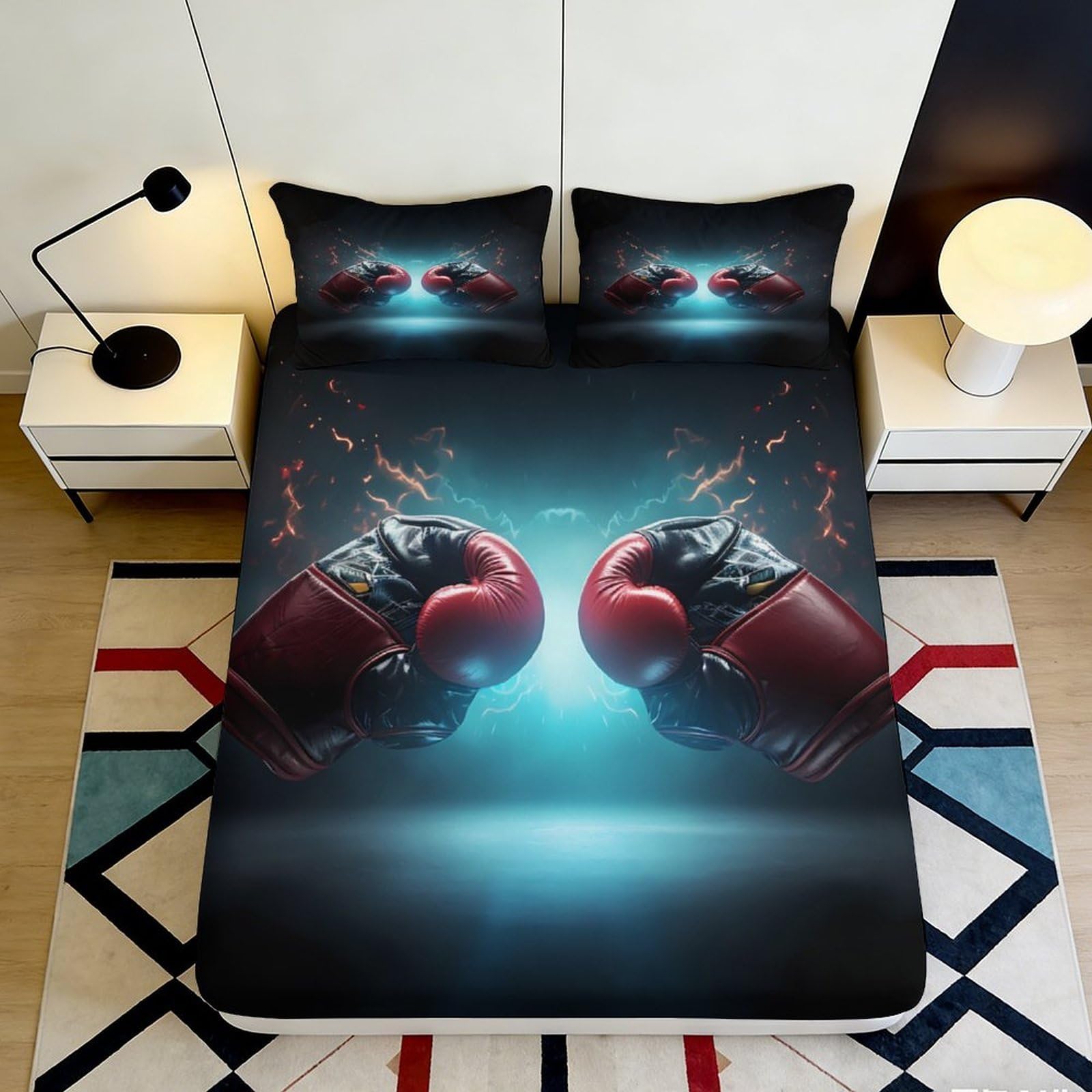 3D Printed Boxing Gloves Fitted Sheet Microfiber Deep Pocket Bedroom Bedding Boxing Gloves Mattress Fitted Cover Elastic Hem Non-Slip Washable 140x200x25cm