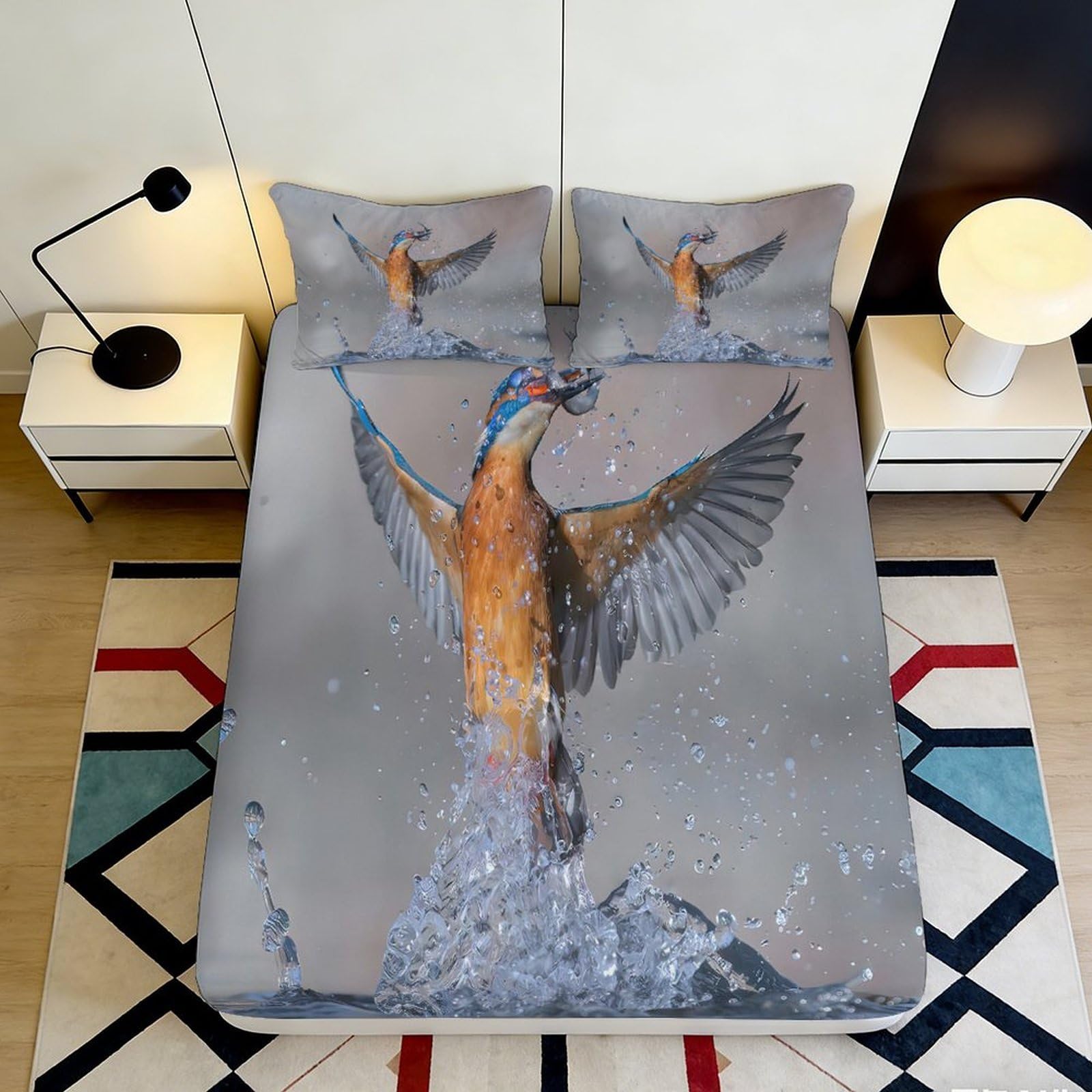 3D Printed Flying Pheasant Fitted Sheet Microfiber Soft Breathable Watercolor Bird Mattress Cover for Bedroom Guest Room 90x200x25cm