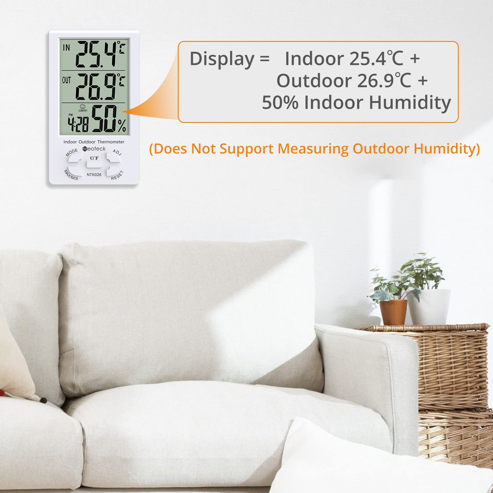 Neoteck Digitale LCD Termometro Igrometro Interno Esterno Misuratore Temperatura Umidità Valore Min/Max con Funzione Sveglia e 1.5M Filo di Sensore per Controllo di Aria Condizionata - Bianco