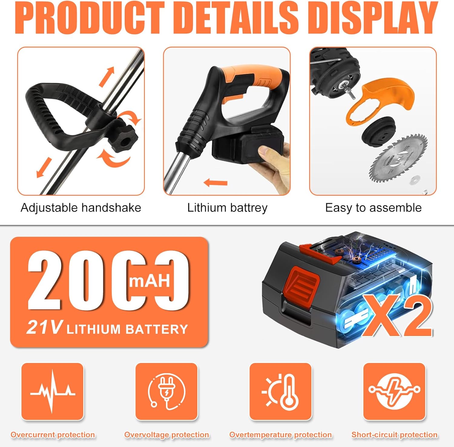 Electric Weed Wacker String Weed Eater Cordless Grass Trimmer 21V Battery Powered String Trimmer with 2x2.0ah Battery and Charger Brush Cutter/Edger/Mower with 3 Types Blade for Garden Lawn(Black)