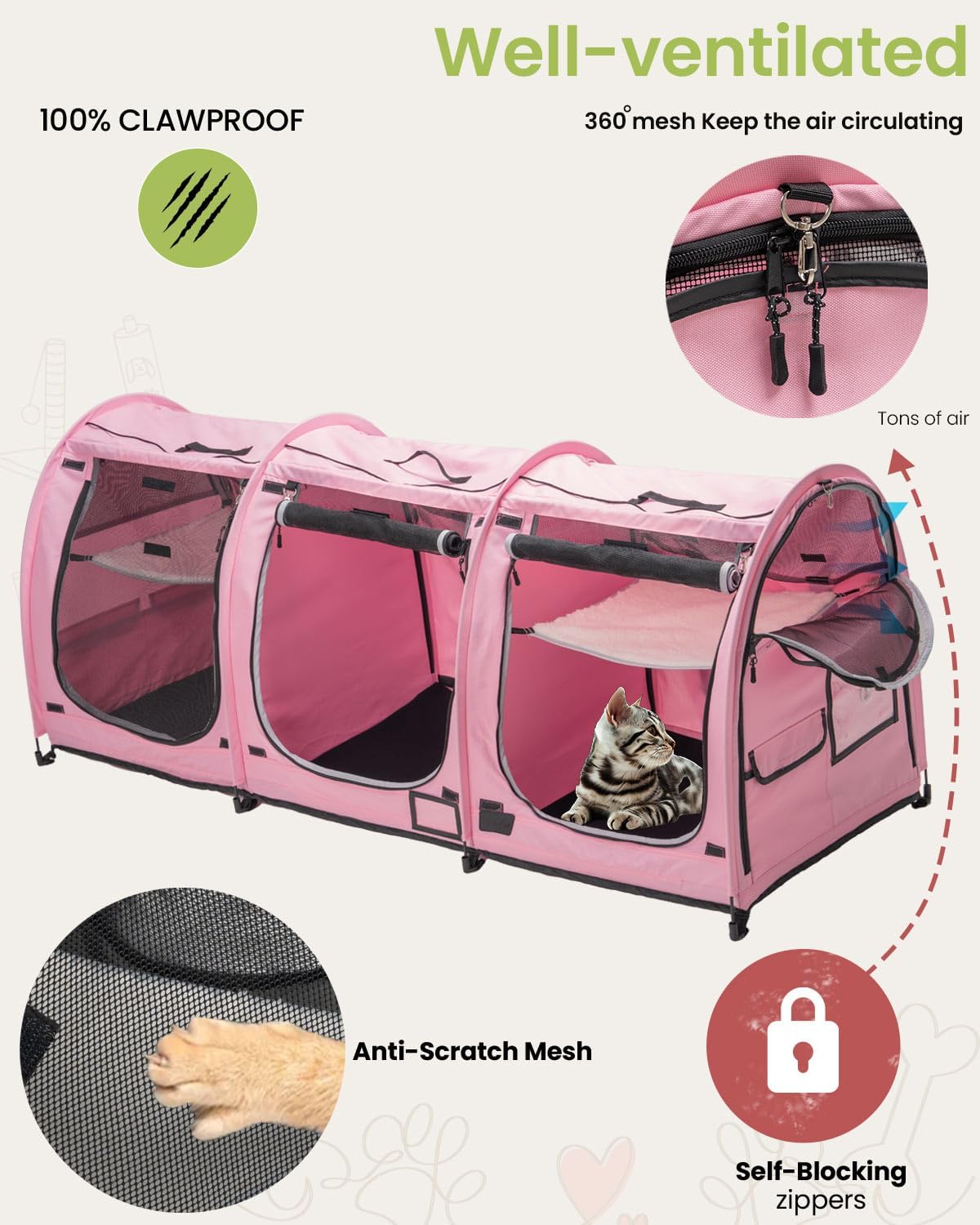 Portable Three Compartment Show House Cat Cage Condo - Easy to Fold & Carry Kennel - Comfy Puppy Home & Dog Travel Crate with Portable Carry Bag,2 Hammocks,3 Mats and Collapsible Litter Boxs
