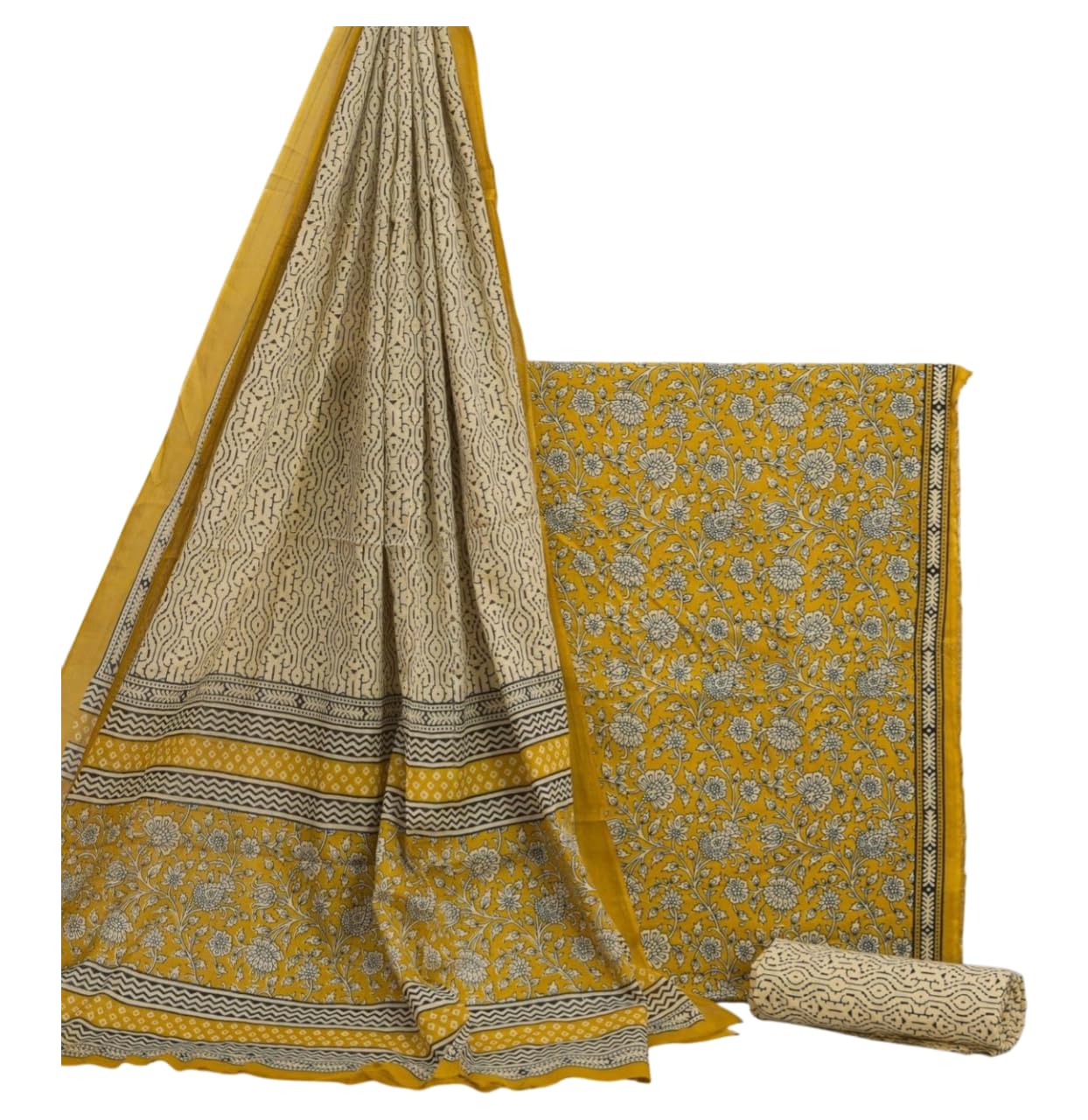 Women’s Yellow Hand Block Print Cotton Unstitched Suit Set | Floral Ethnic Dress Material with Dupatta | 2.4m Top Bottom Dupatta-image-36