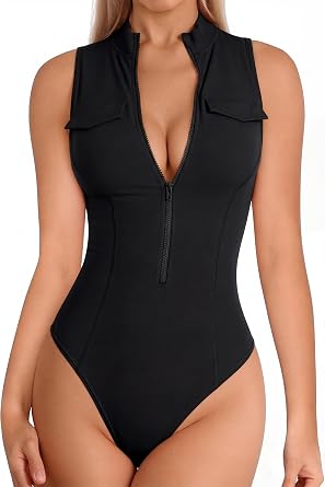 YMDUCH Womens Sexy Sleeveless High Neck Zip Up Slim Fit One Piece Bodysuit Top