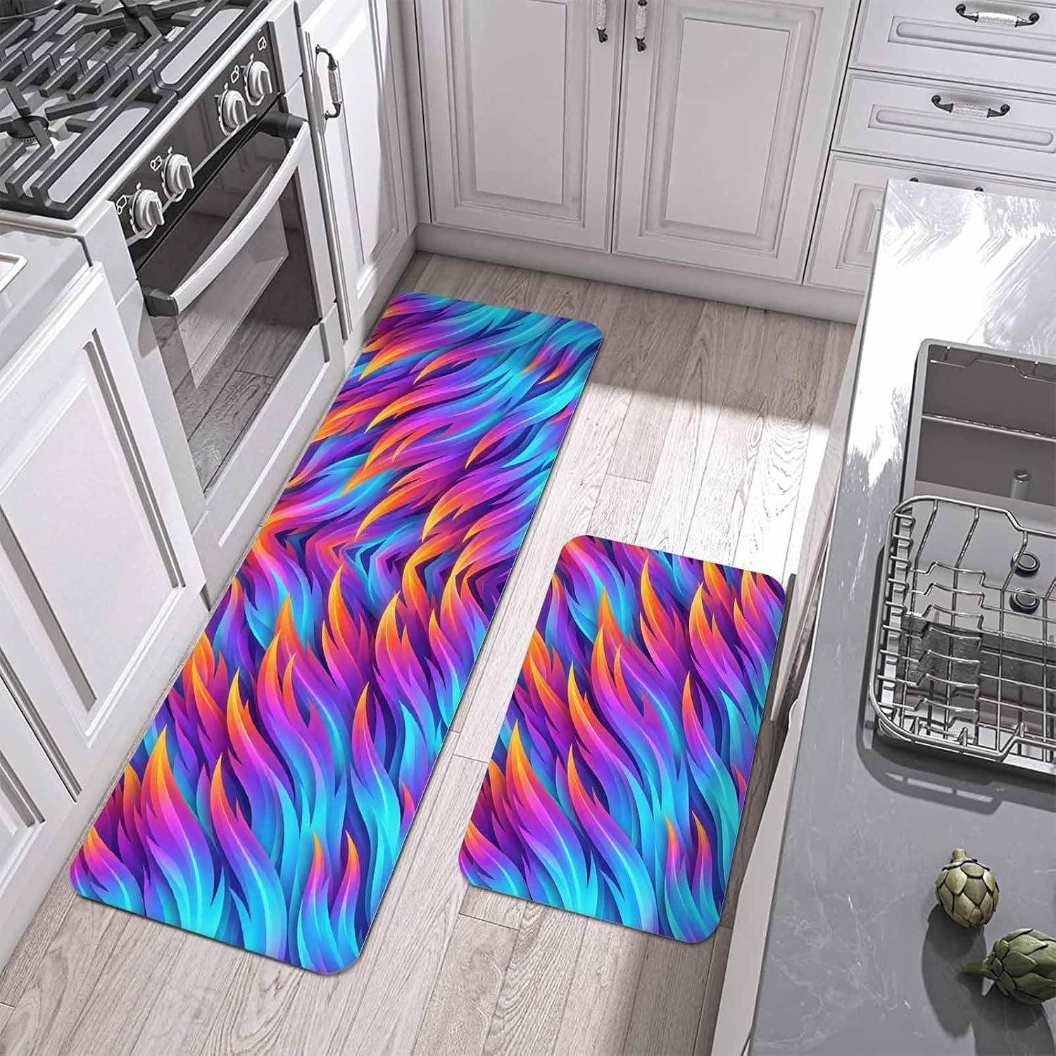 Prime Leader Abstract Art Kitchen Mat Set 2 Pieces Blue Purple Yellow Gradient Flame Texture Modern Non Slip Kitchen Rugs Washable Runner Rug Mats for Sink Laundry (15.7" x 23.6"+15.7" x 47.2")