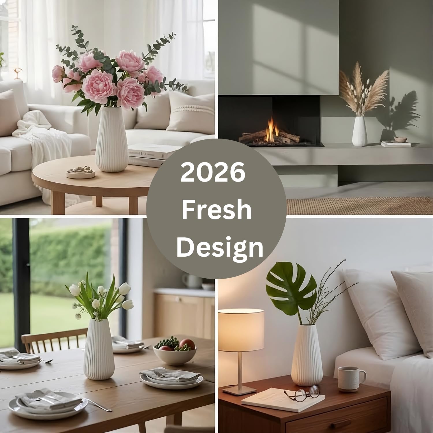 White Ceramic Vase, 8 Inch Modern Ribbed Design, Flower Vase for Home Decor, Cute Vase for Living Room, Dining Table, Office, Bedroom, Kitchen Shelf
