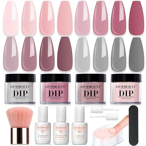 Azurebeauty - Kit de uñas en polvo de inmersión, 4 colores, sistema de polvo de inmersión rosa suave, bandeja de reciclaje con base y capa superior,