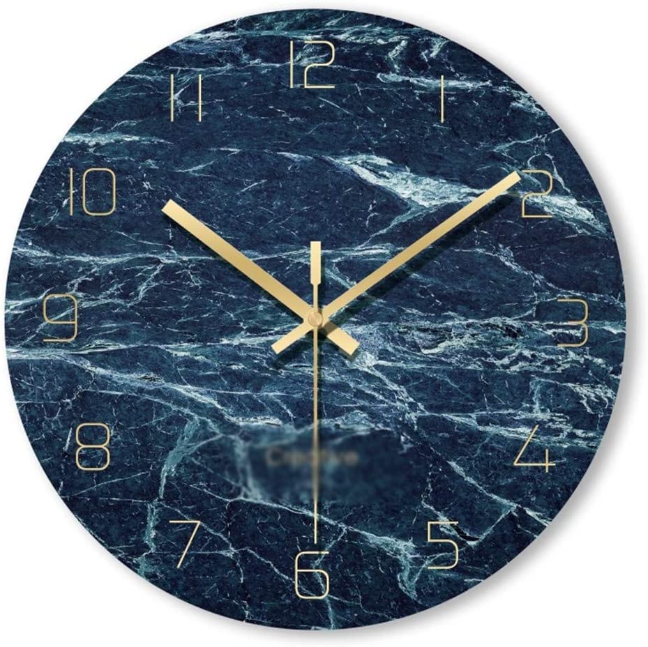 Horloge murale bleue silencieuse effet marbre chic pour séjour