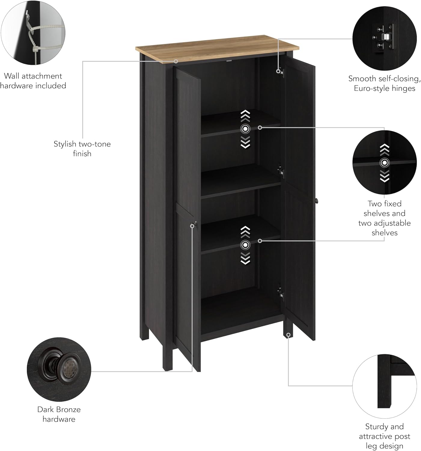 Diagram showing features and assembly components of the storage cabinet, including wall attachment hardware, shelves, hinges, and hardware