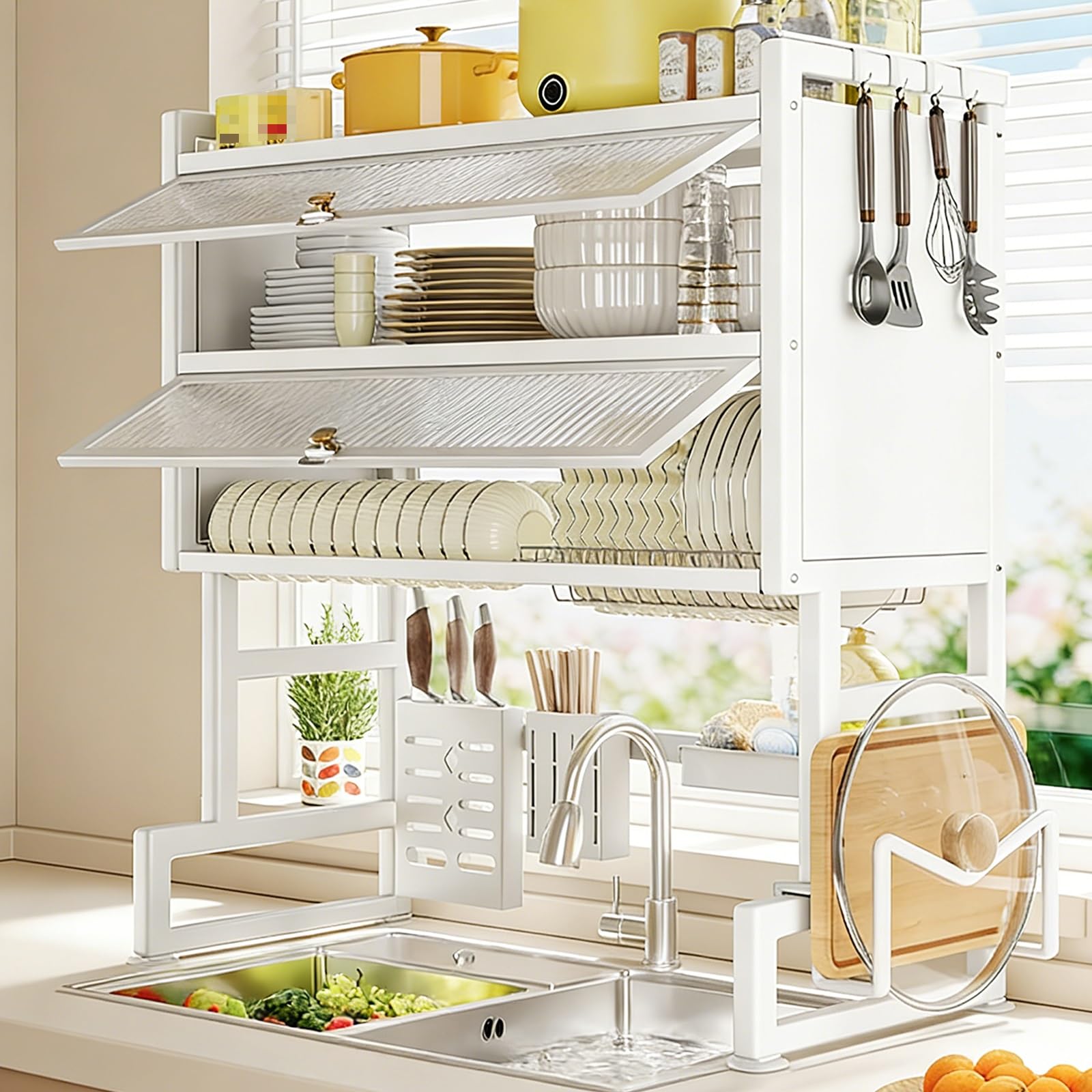 THNSAWX Over Sink Dish Drying Rack, Carbon Steel Dish Rack with Dustproof Cover, Space-Saving Dishes Drainer Rack, Kitchen Organizer for Plates, Bowls, Pots(White 2 Tier,95cm/37.4in)