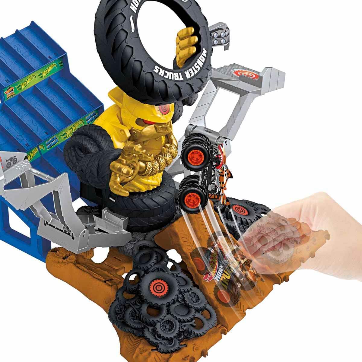 Hot Wheels Monster Trucks Arena Smashers – Arena Goryla Zestaw (Mega-Wrex w skali 1:64 vs Crushzilla, 2 samochodziki do „zmiażdżenia”), HPR47