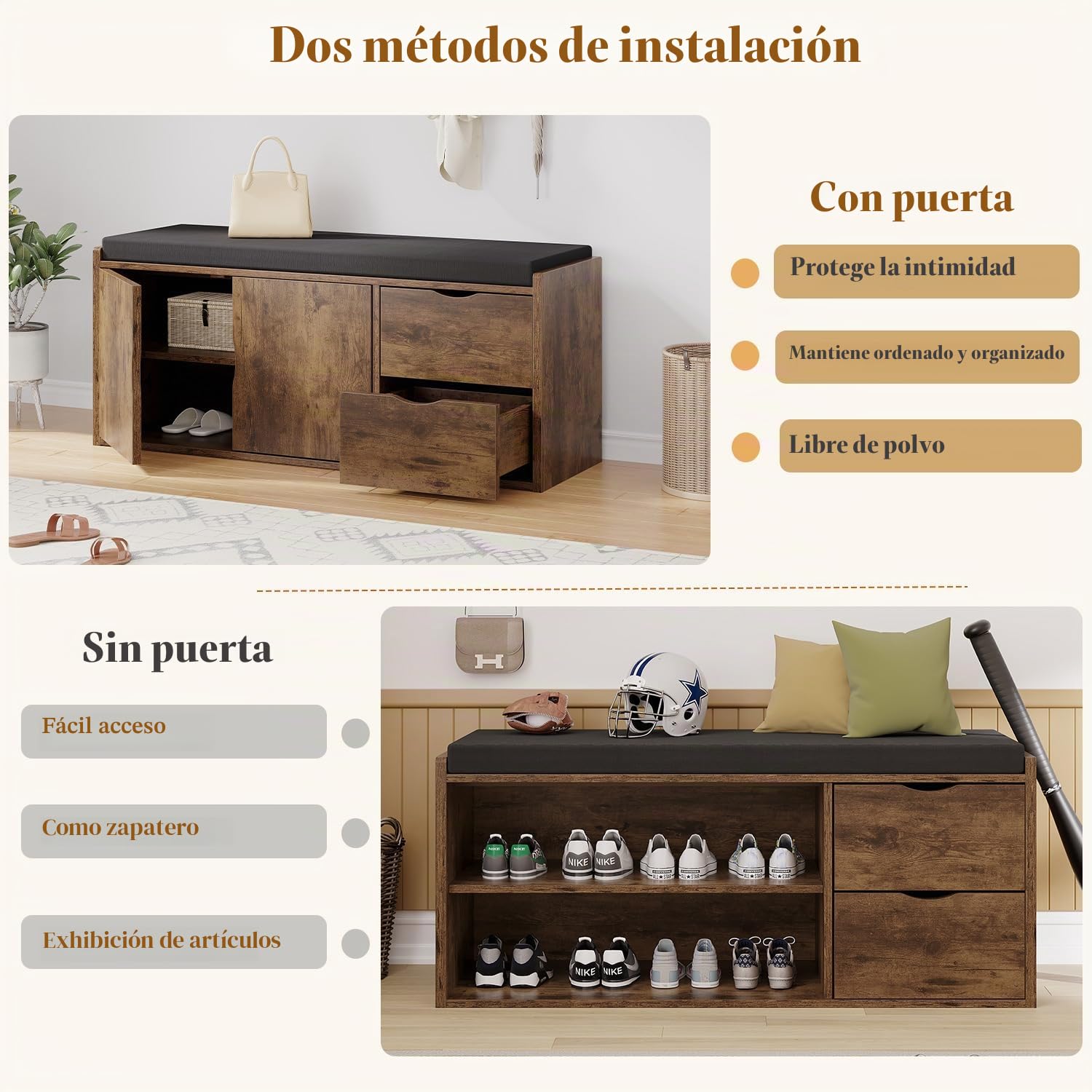 LVB Banco Zapatero con cajón y Asiento Acolchado, Multifuncional para Entrada/salón, 150 kg, 101x45x34 cm, marrón-Negro