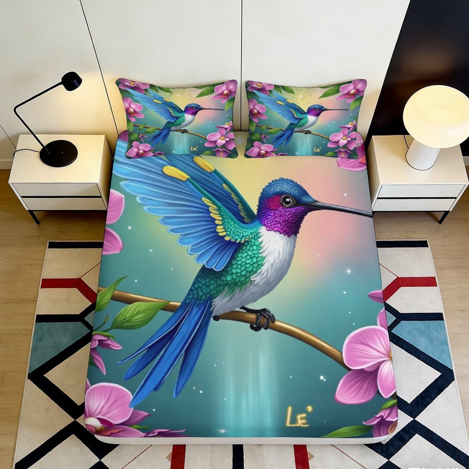 3D Printed Hummingbird Blossom Fitted Sheet Microfiber Soft Mattress Cover Colorful Bedroom Decor Washable 90x200x25cm