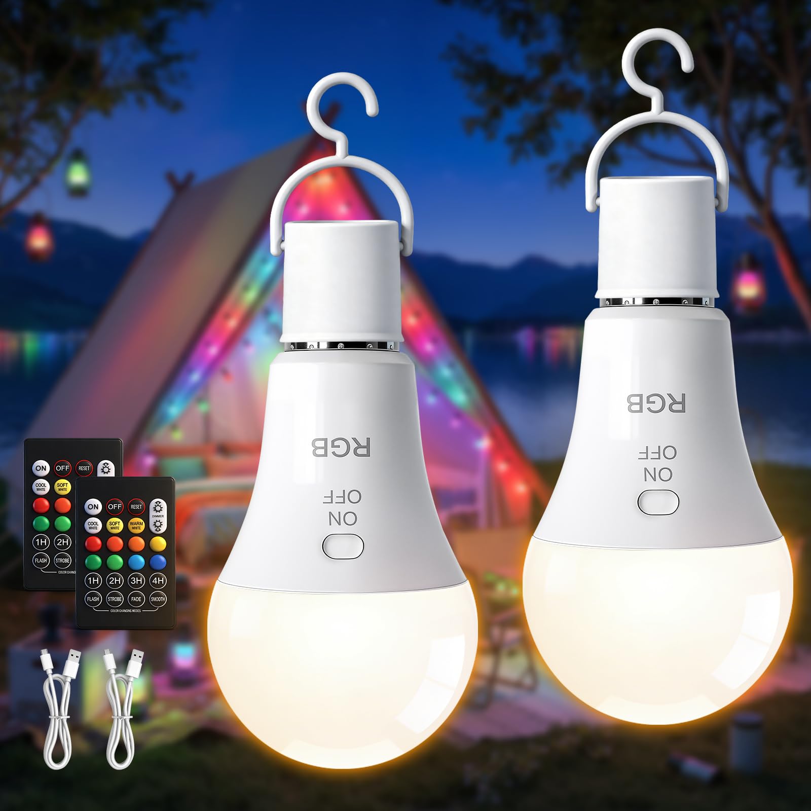 Kimjo Rgb 2 Pack E27 Rechargeable Light Bulb With Remote Control 2 Pack - Rgb Dimmable 7W Battery Operated Light Bulb With Hook Botton Control Timer - A19 Wireless Light Bulb For Lamp Camping