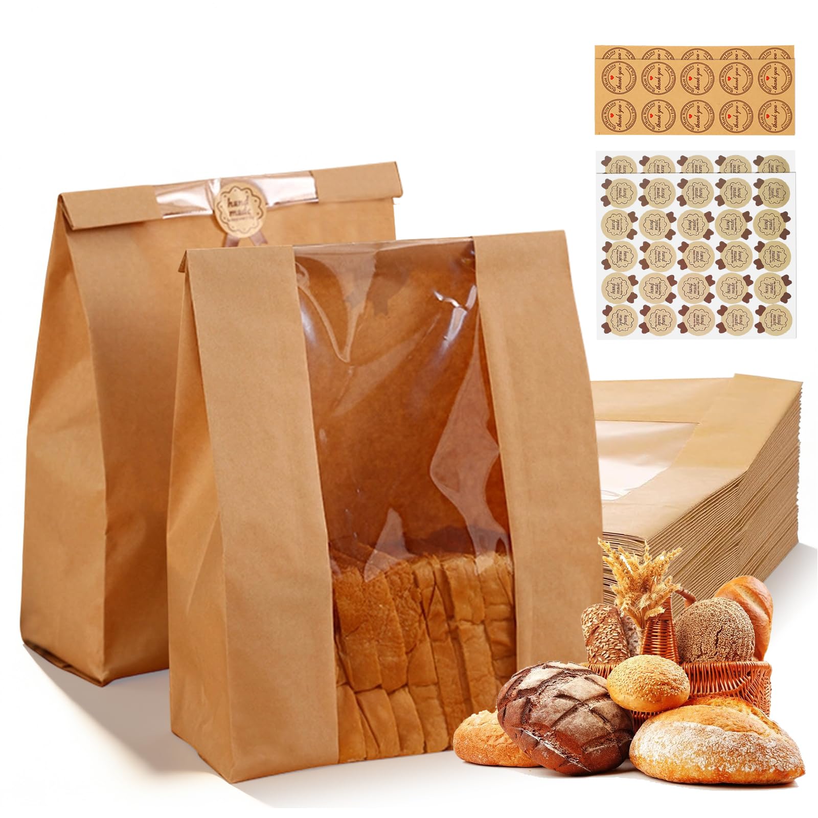 Tflpuo Brown 60 Pcs Paper Bread Bags, Bakery Storage Bag Large Paper Bags With Stickers For Homemade Sourdough Bread Sandwich Cookies 13.78X8.27x3.5 In