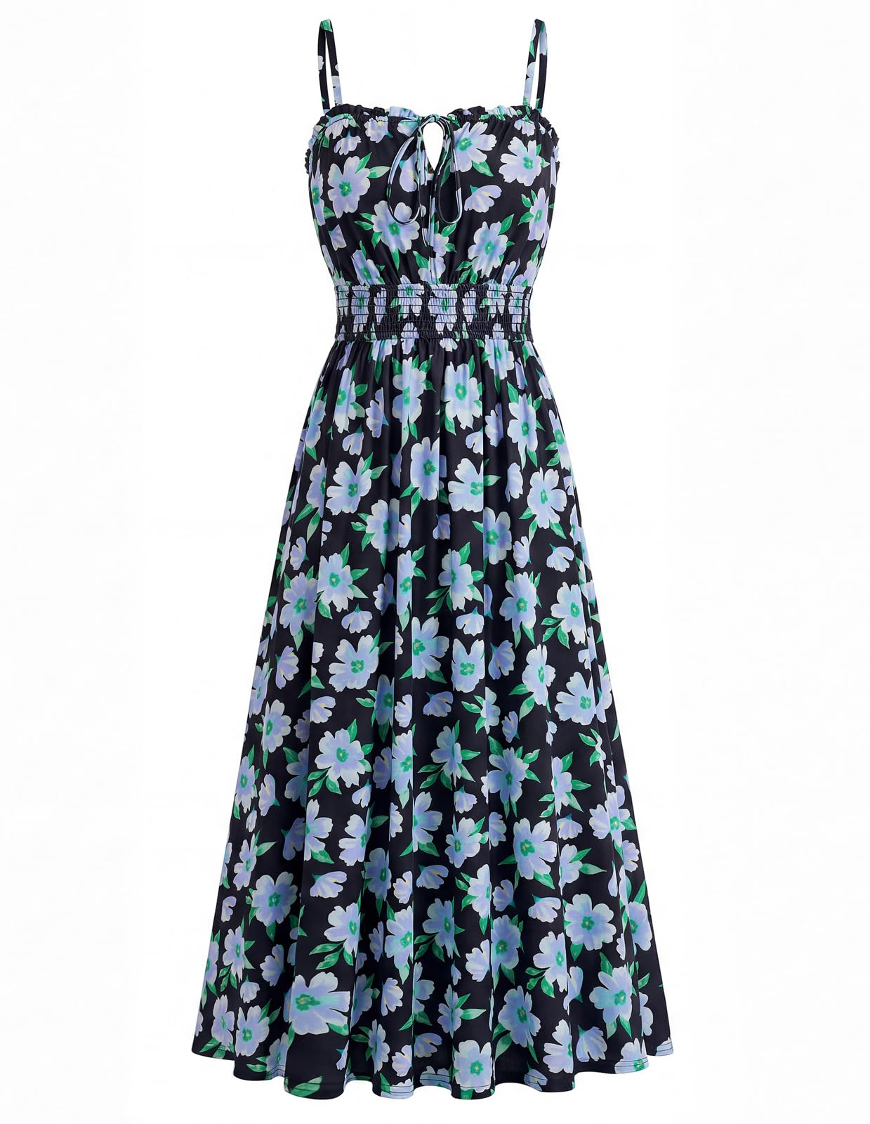 GRACE KARIN 2026 Women's Hawaiian Midi Sundress Summer Vacation Spaghetti Floral Clothes Boho Casual Dresses with Pockets Blue Black Floral XL