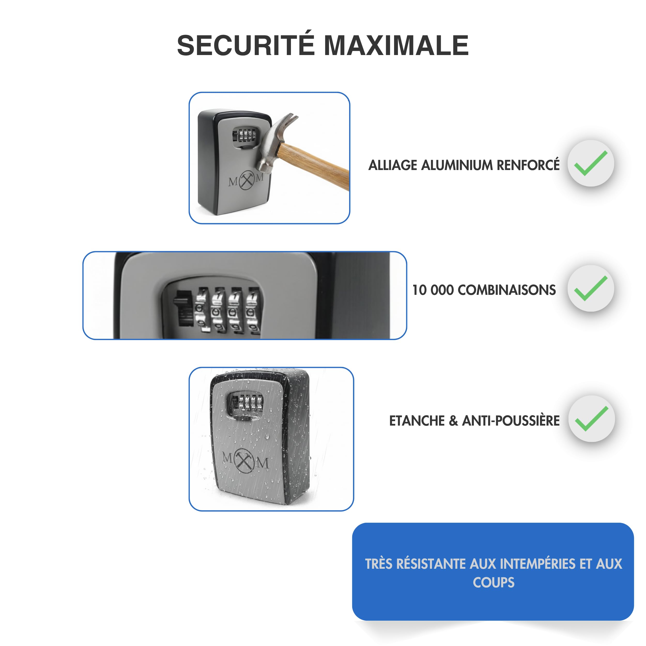 Boite à clés murale sécurisée avec code à 4 chiffres XL, intérieur/extérieur, étanche, fixation murale, Grande Capacité & Imperméable, Coffre Fort a Clefs pour Maison Bureau Garage, grande taille