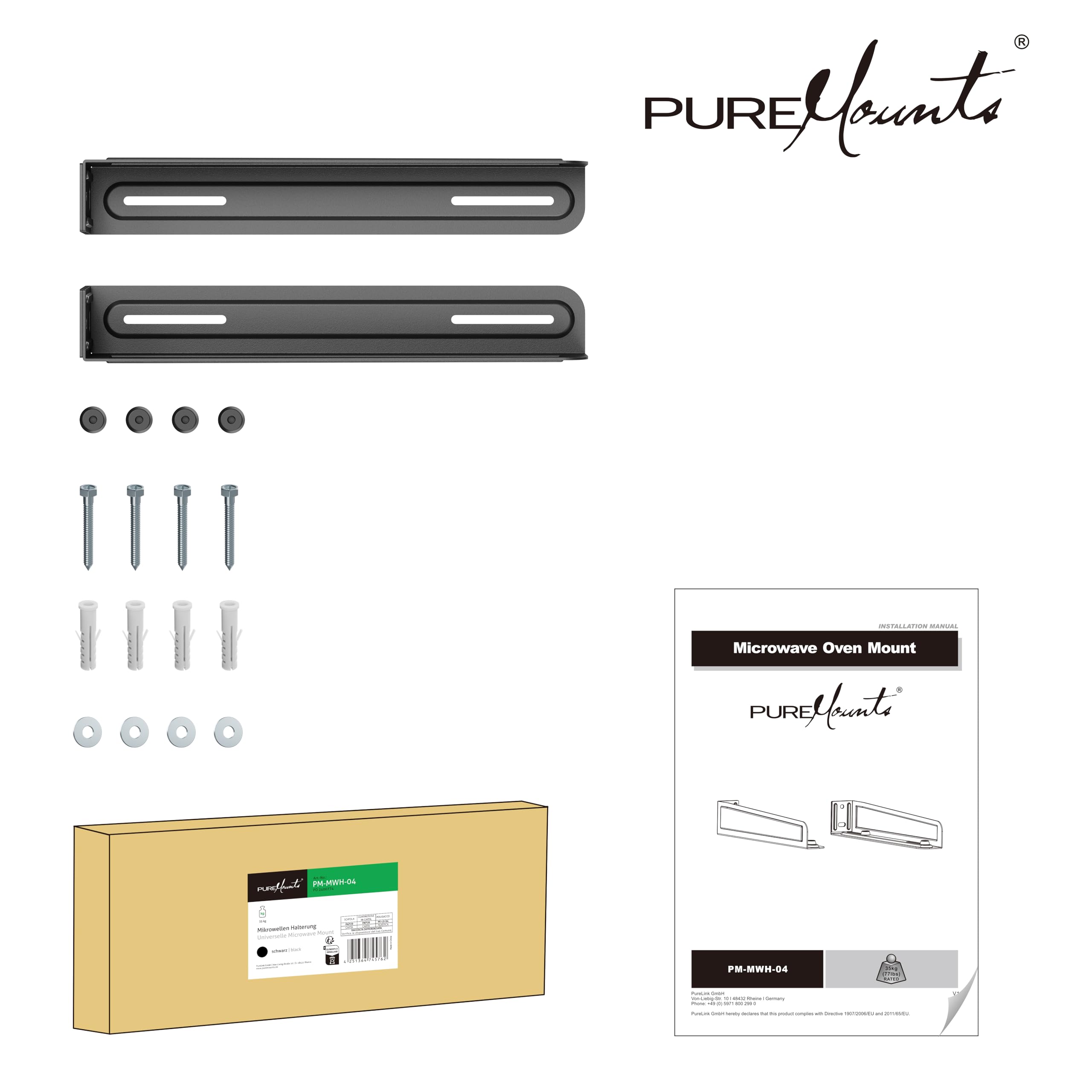 PureMounts Uchwyt do kuchenki mikrofalowej, uchwyt ścienny, uniwersalny uchwyt do kuchenki mikrofalowej i kuchenki mikrofalowej do 35 kg, uchwyt ścienny do kuchenki mikrofalowej, czarny